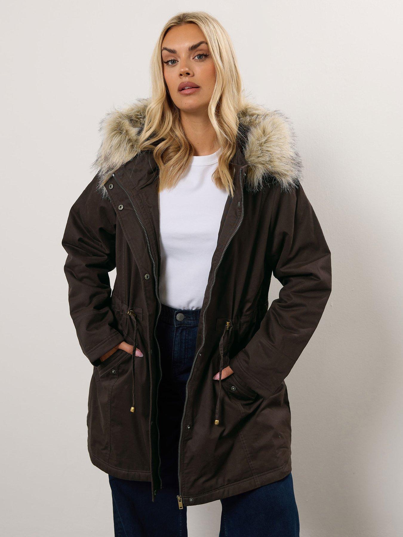 Image 1 of 6 of Yours Curve Fur Trim Parka - Brown
