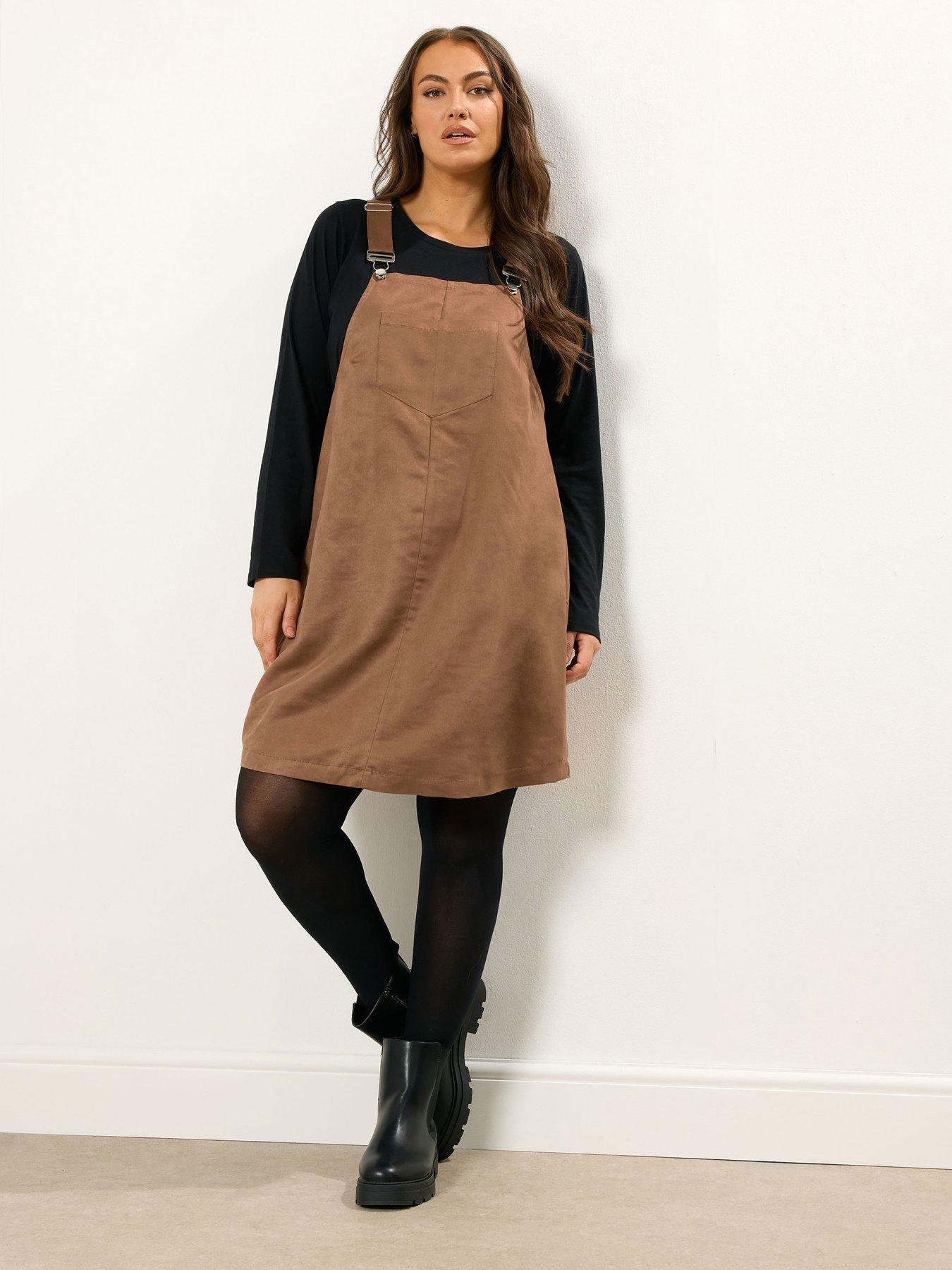 image of yours-curve-suede-pinafore-dress-brown