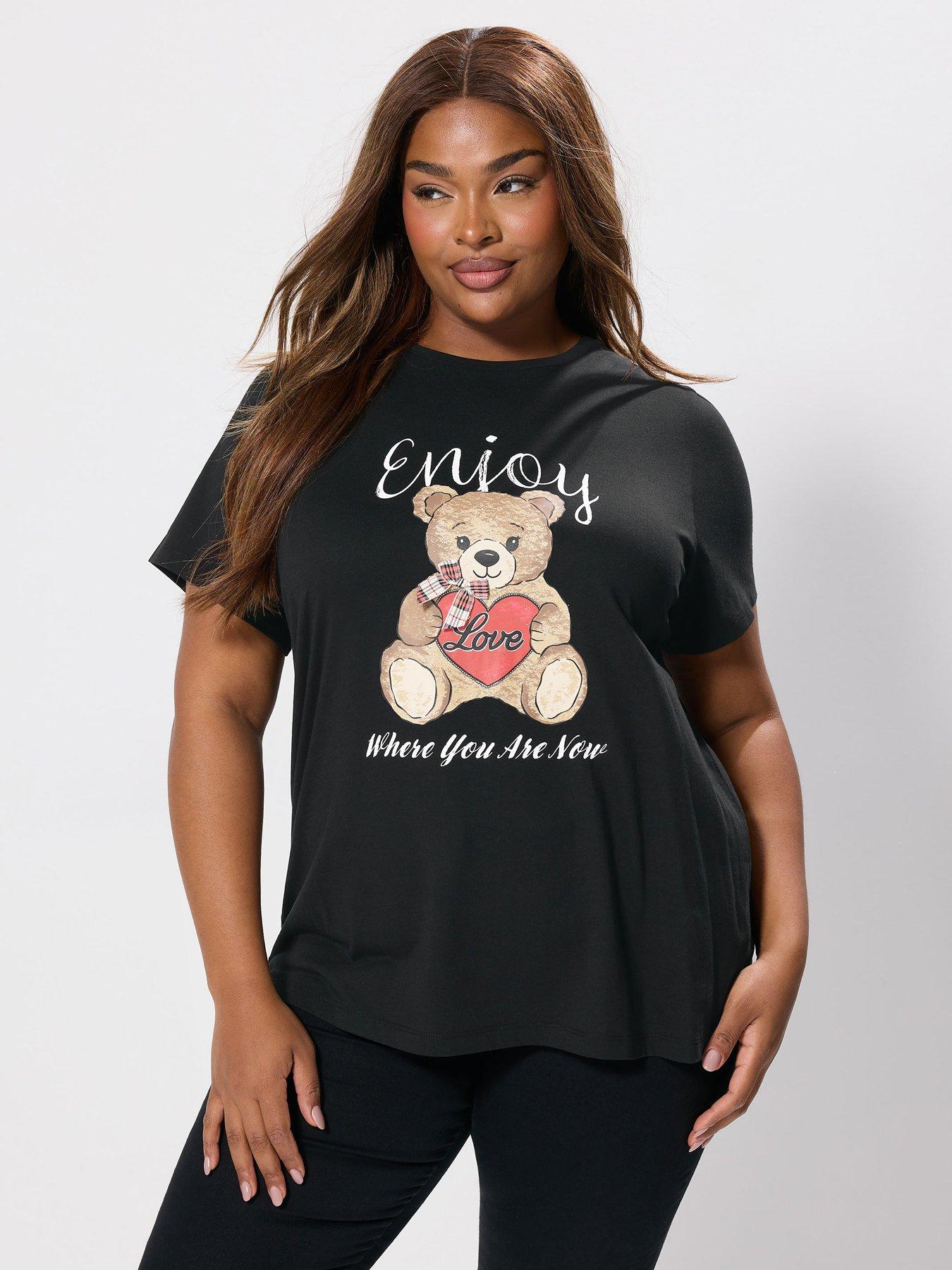 Yours Curve Placement Print Set In Sleeve T-Shirt - Black