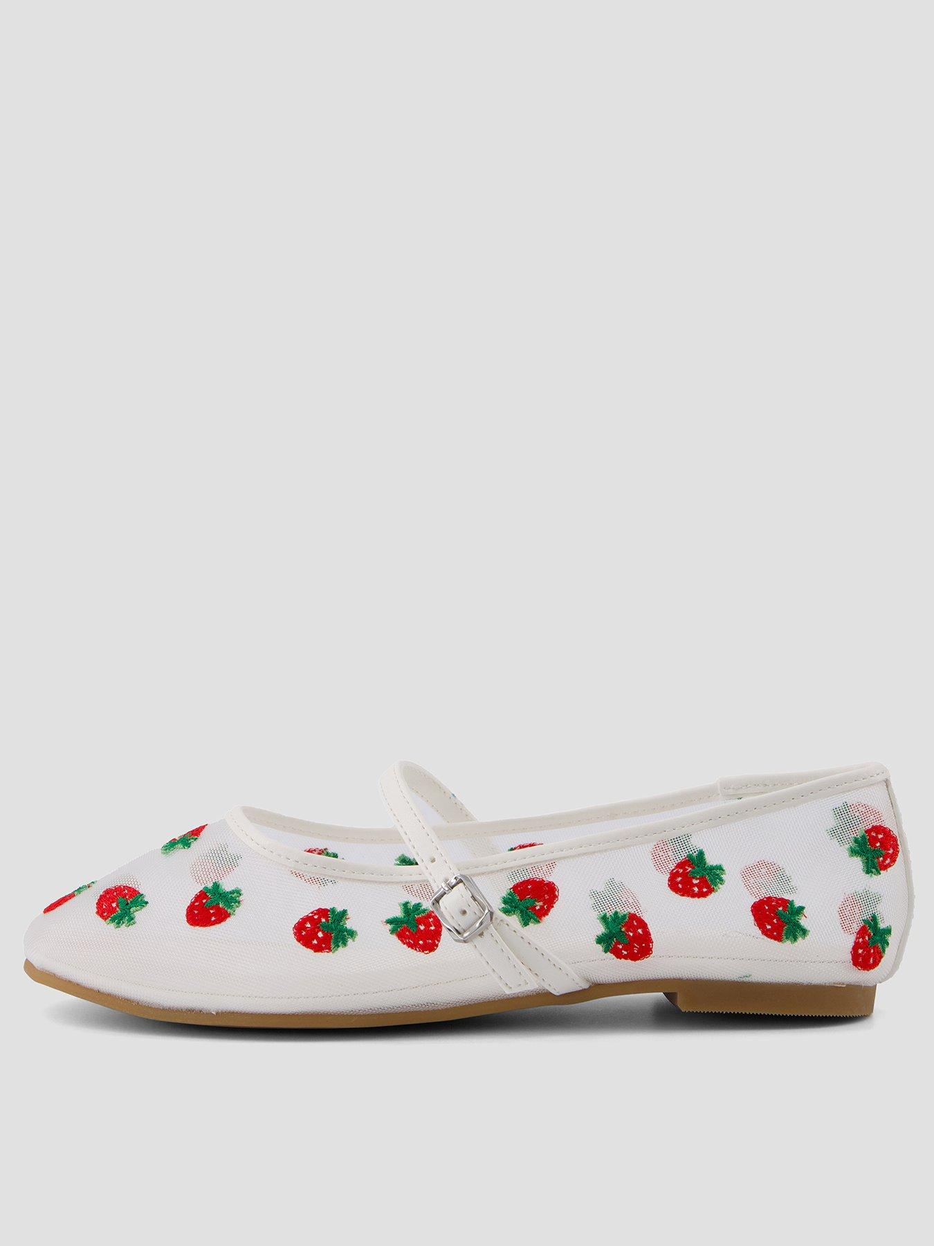 The Very Collection Embroidered Strawberry Mesh Flats - White