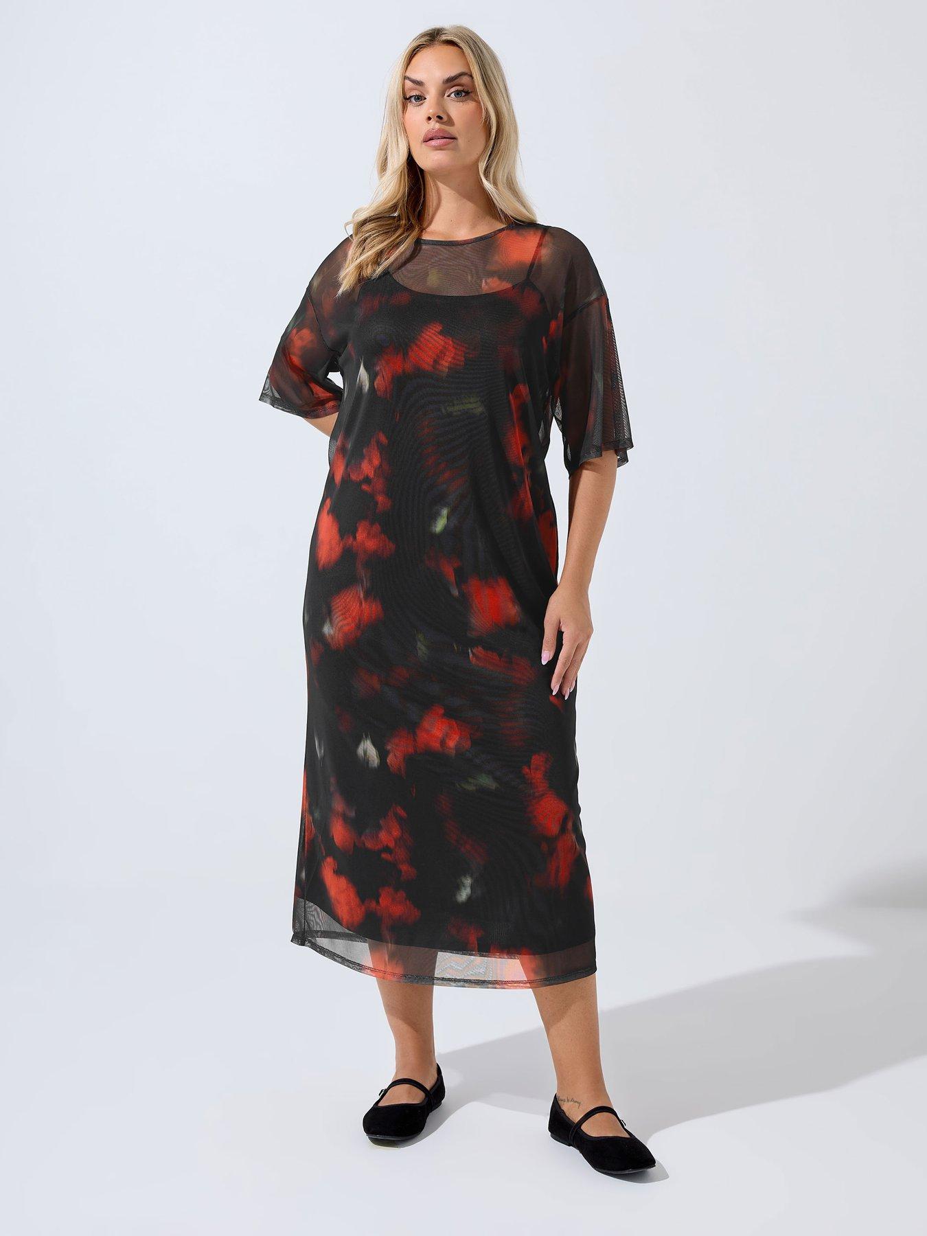 Image 3 of 4 of Yours Curve Mesh Floral Blur Dress - Black