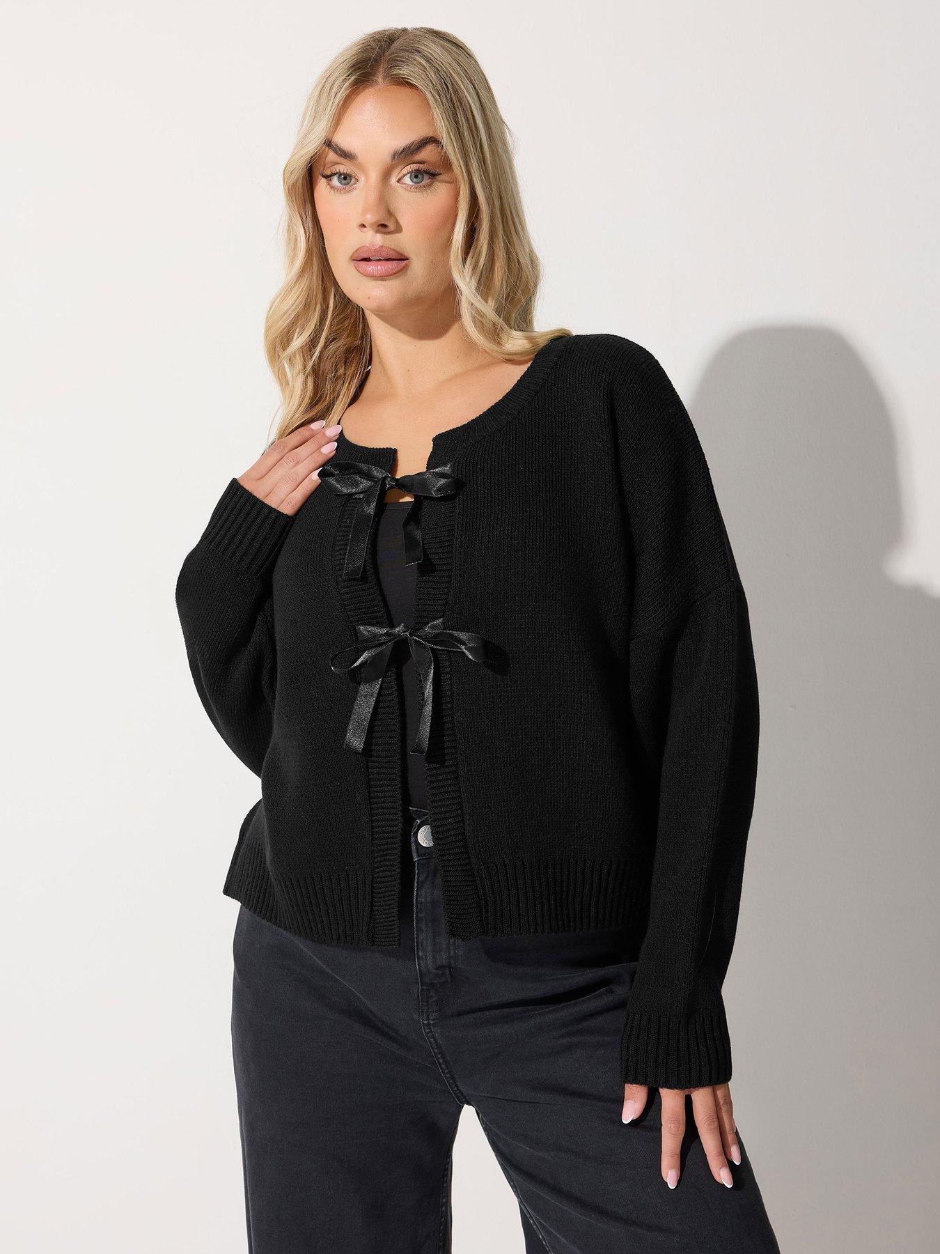 undefined Curve Satin Bow Cardigan - Black