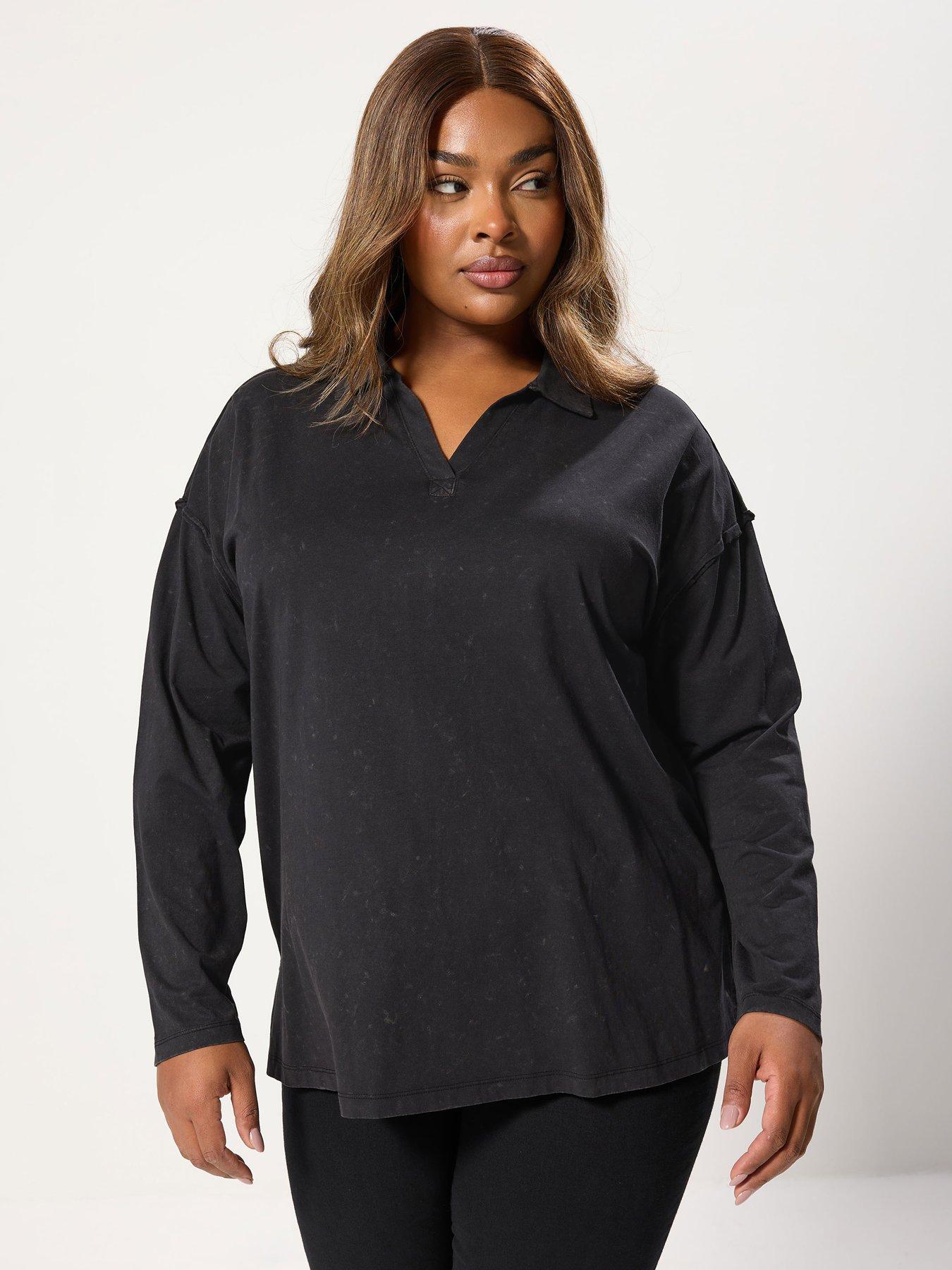 undefined Curve Acid Wash Rugby Collar Top - Grey