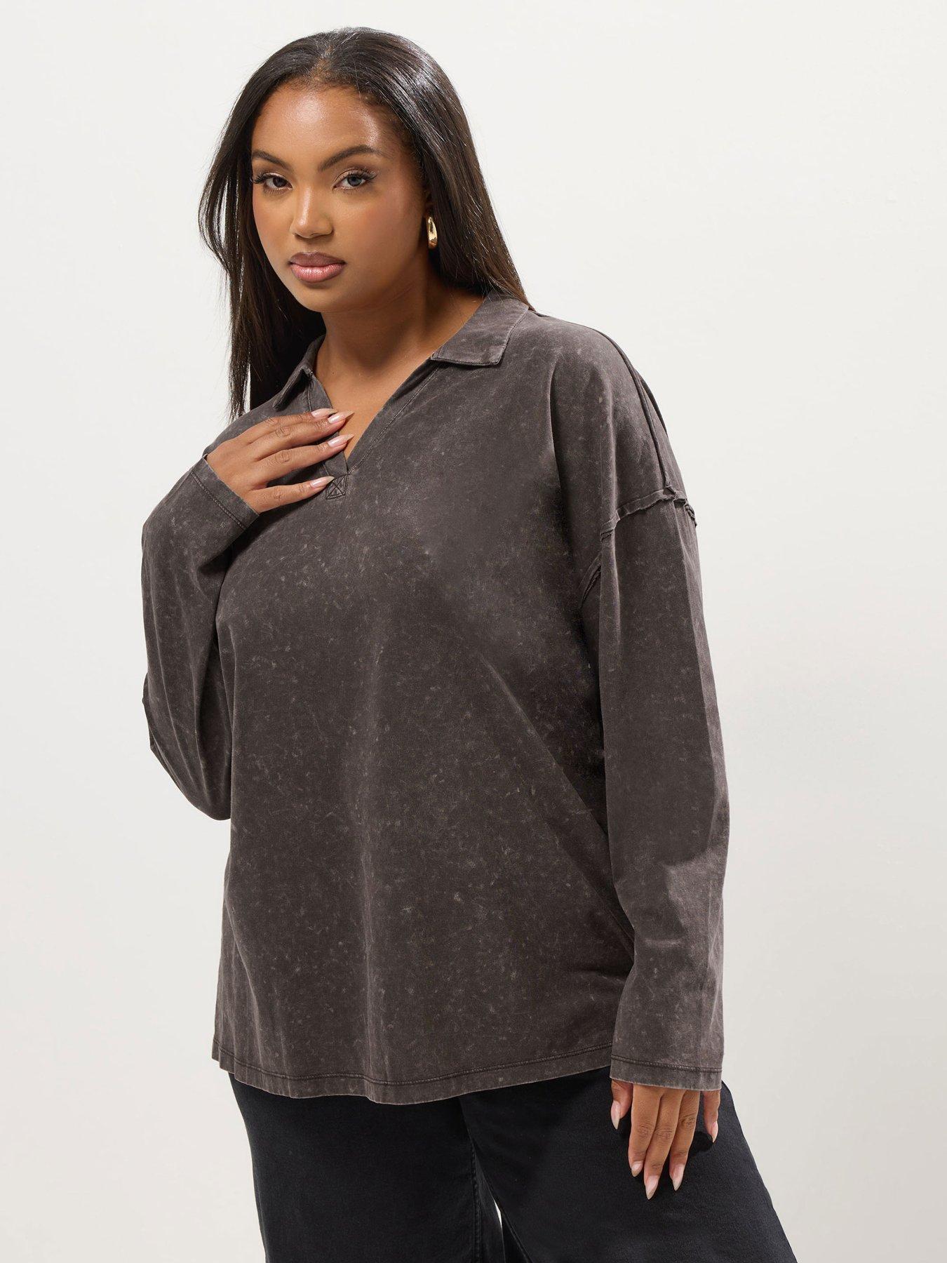 yours-curve-acid-wash-rugby-collar-top-brown