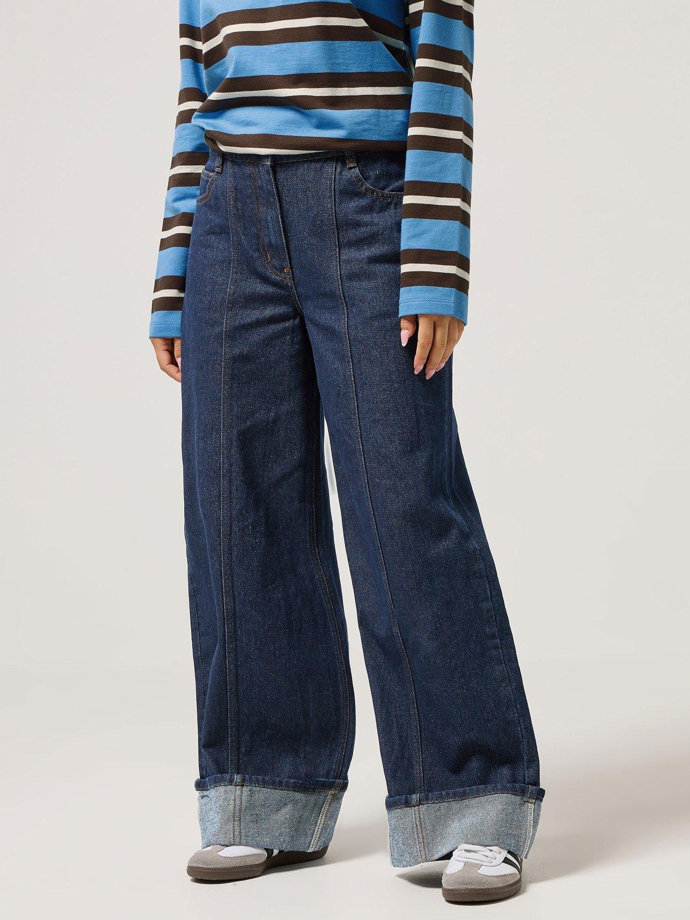  image of pixiegirl-petite-seam-front-turn-up-wide-leg-jean-blue