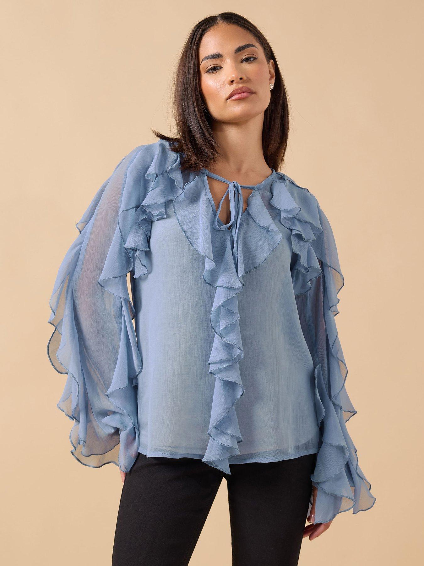  image of pixiegirl-petite-frill-chiffon-blouse-blue