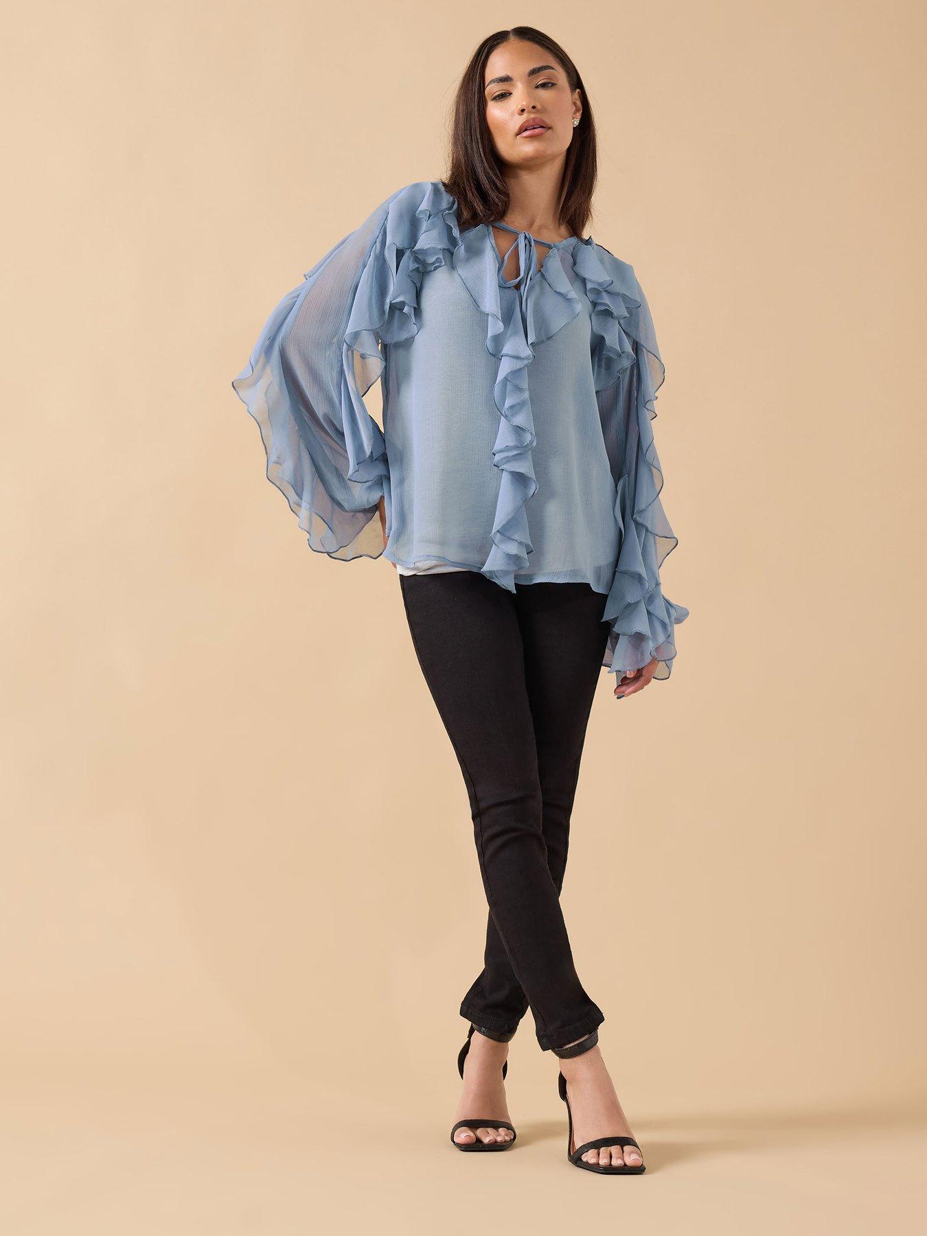  image of pixiegirl-petite-frill-chiffon-blouse-blue
