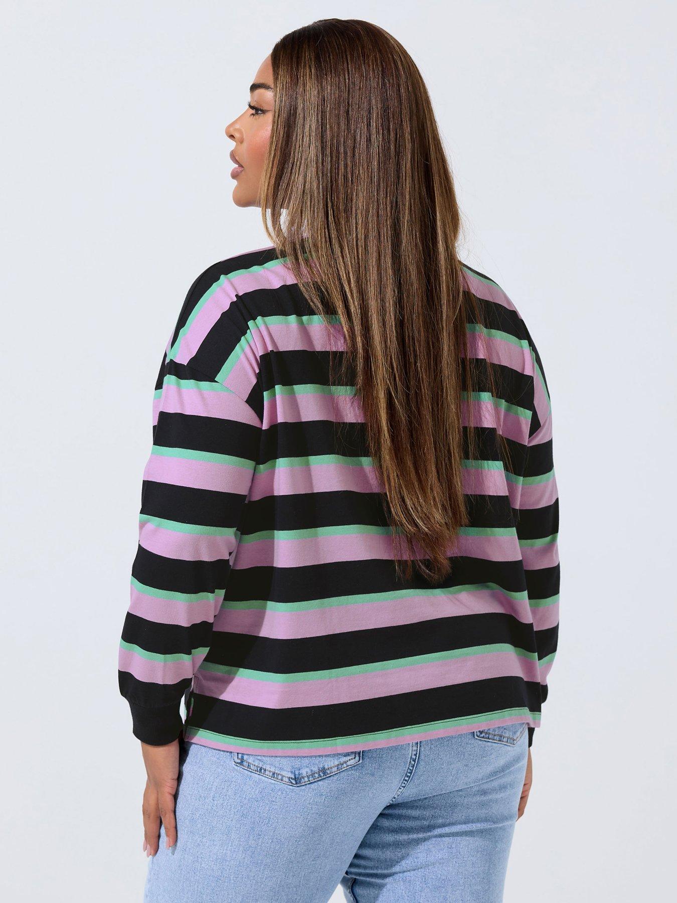 Image 2 of 4 of Yours Curve Stripe Rugby Collar Top - Black