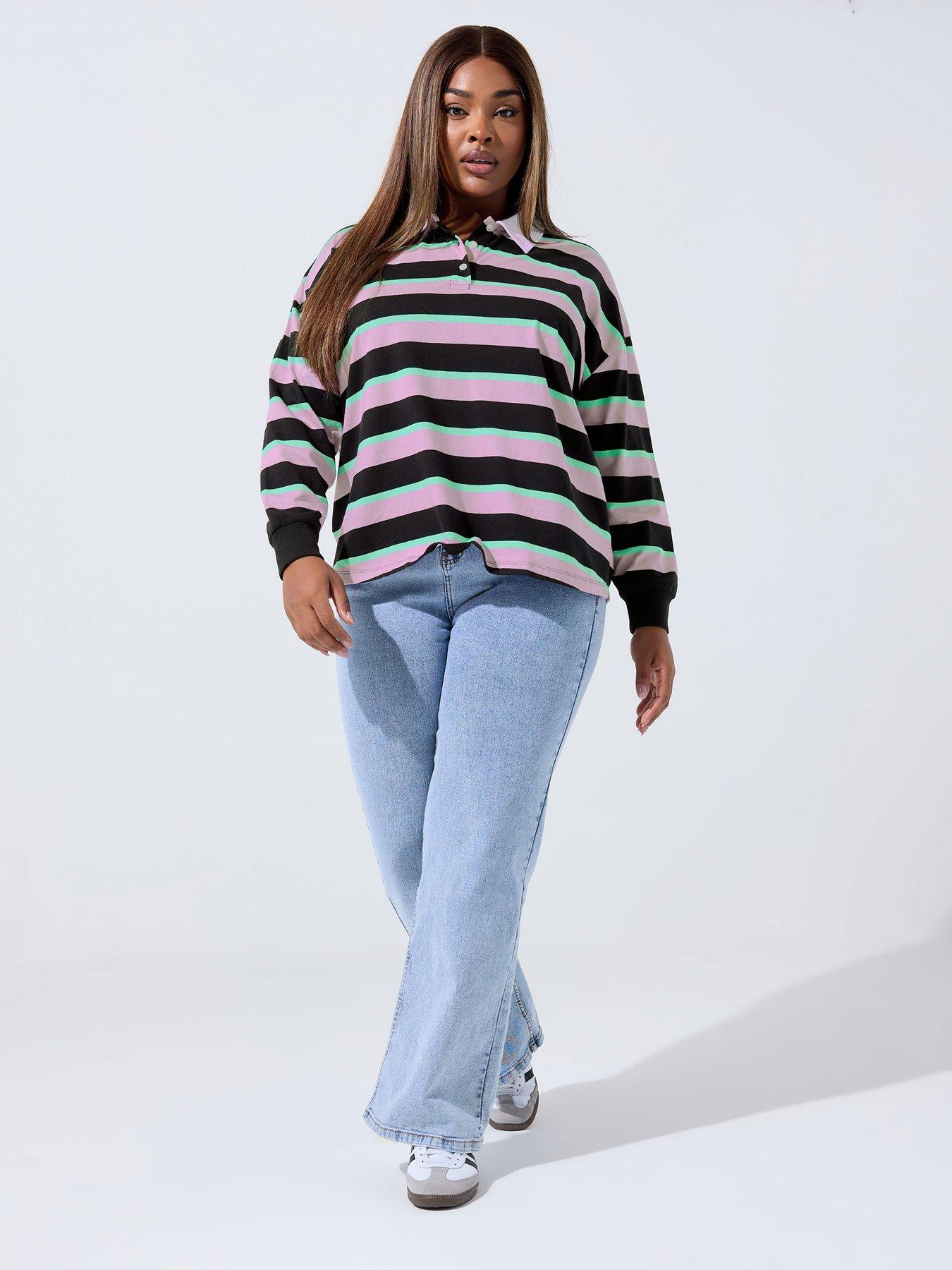 Image 3 of 4 of Yours Curve Stripe Rugby Collar Top - Black