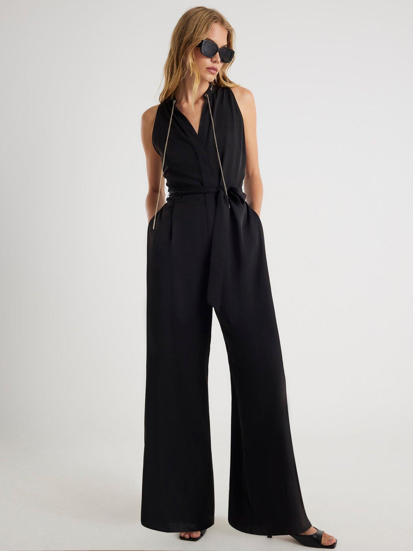 Image 1 of 4 of River Island 80S Wide Leg Jumpsuit - Black