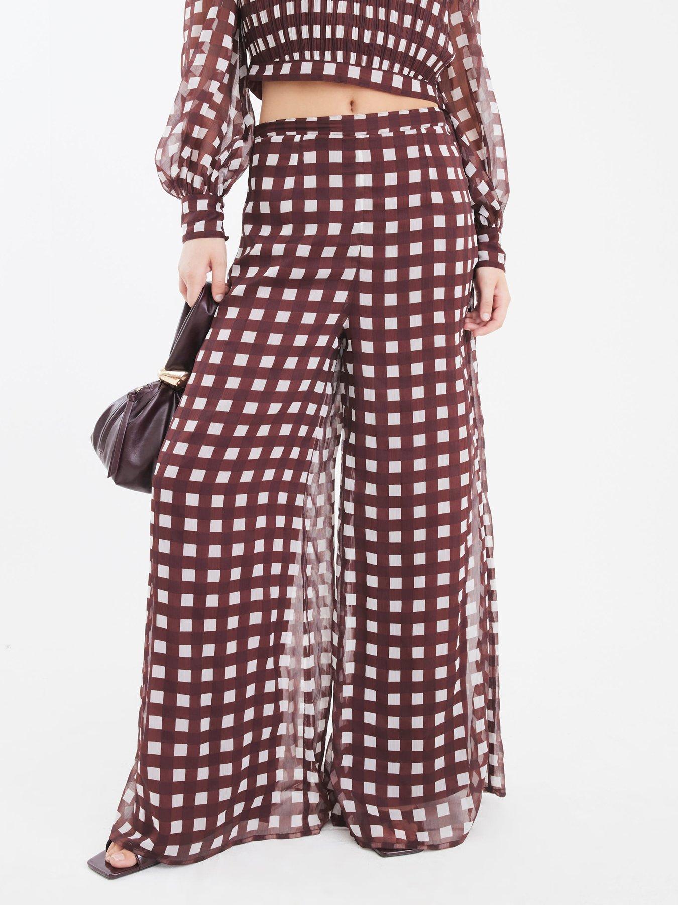 Image 1 of 4 of River Island Gingham Wide Leg Trouser - Brown