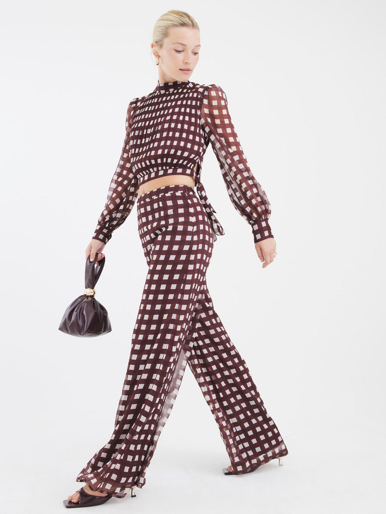 Image 3 of 4 of River Island Gingham Wide Leg Trouser - Brown