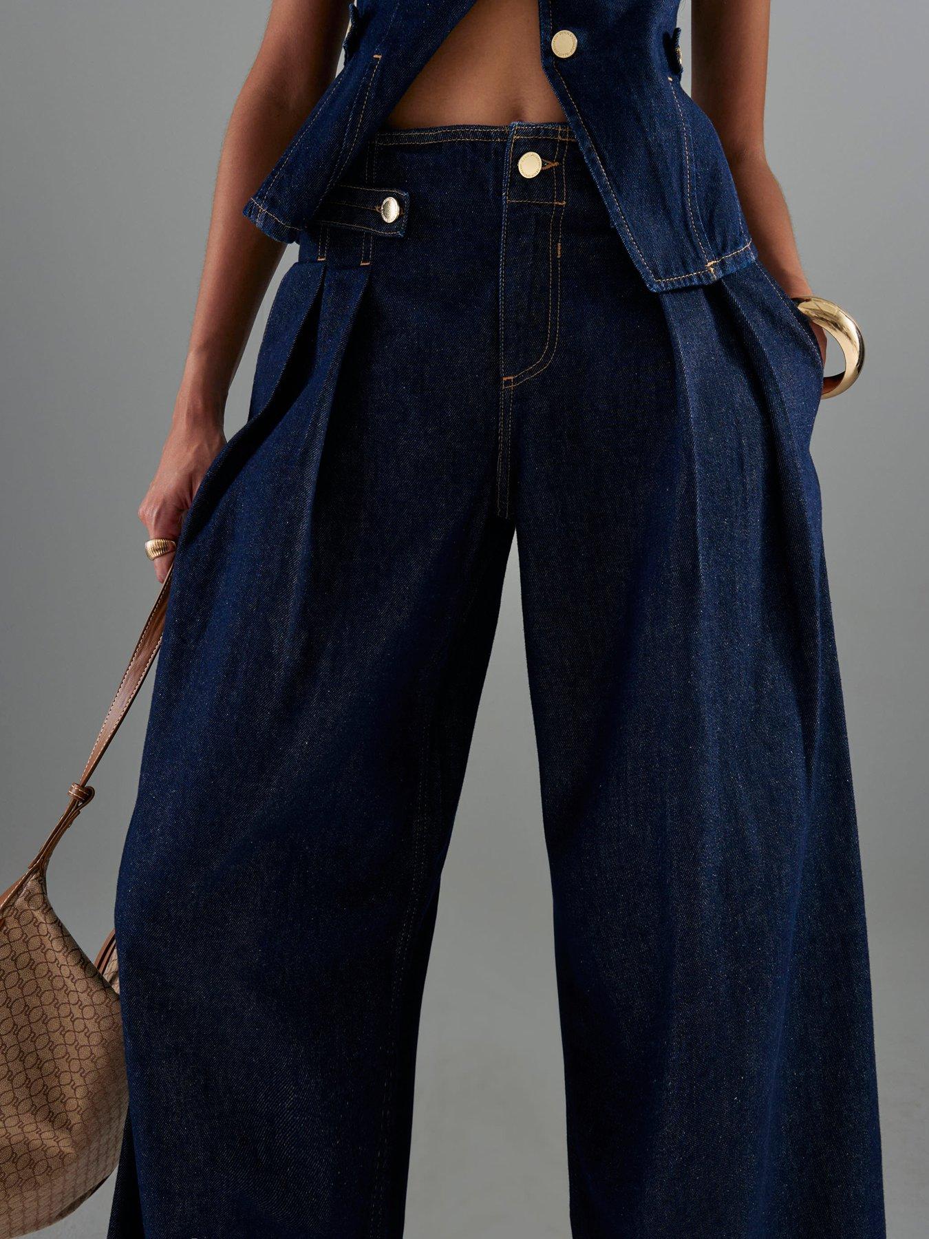 Image 4 of 4 of River Island Tailored Wide Tab Front Jeans&nbsp;- Blue