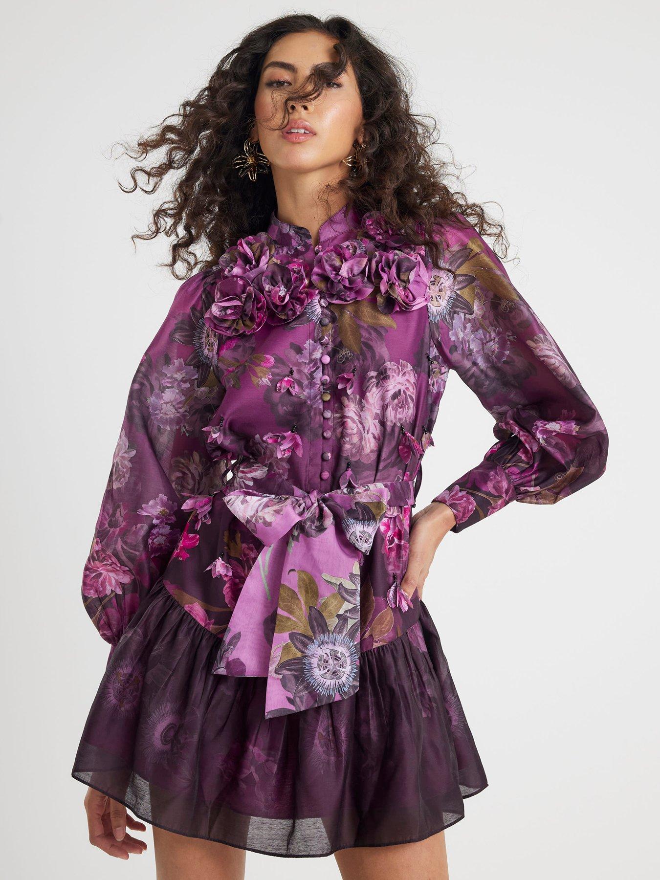 undefined 3D Floral Belted Dress - Purple
