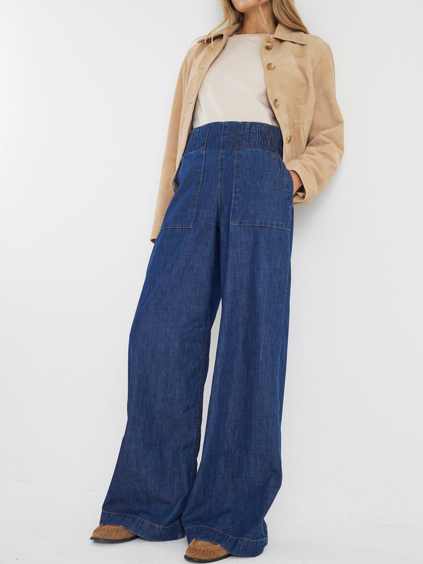 Image 1 of 4 of River Island Pull On Wide Leg Sutton Jeans - Blue