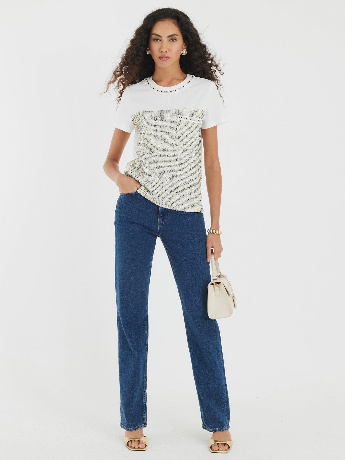 Image 3 of 4 of River Island Short Sleeve Boucle Boutique T-Shirt - White