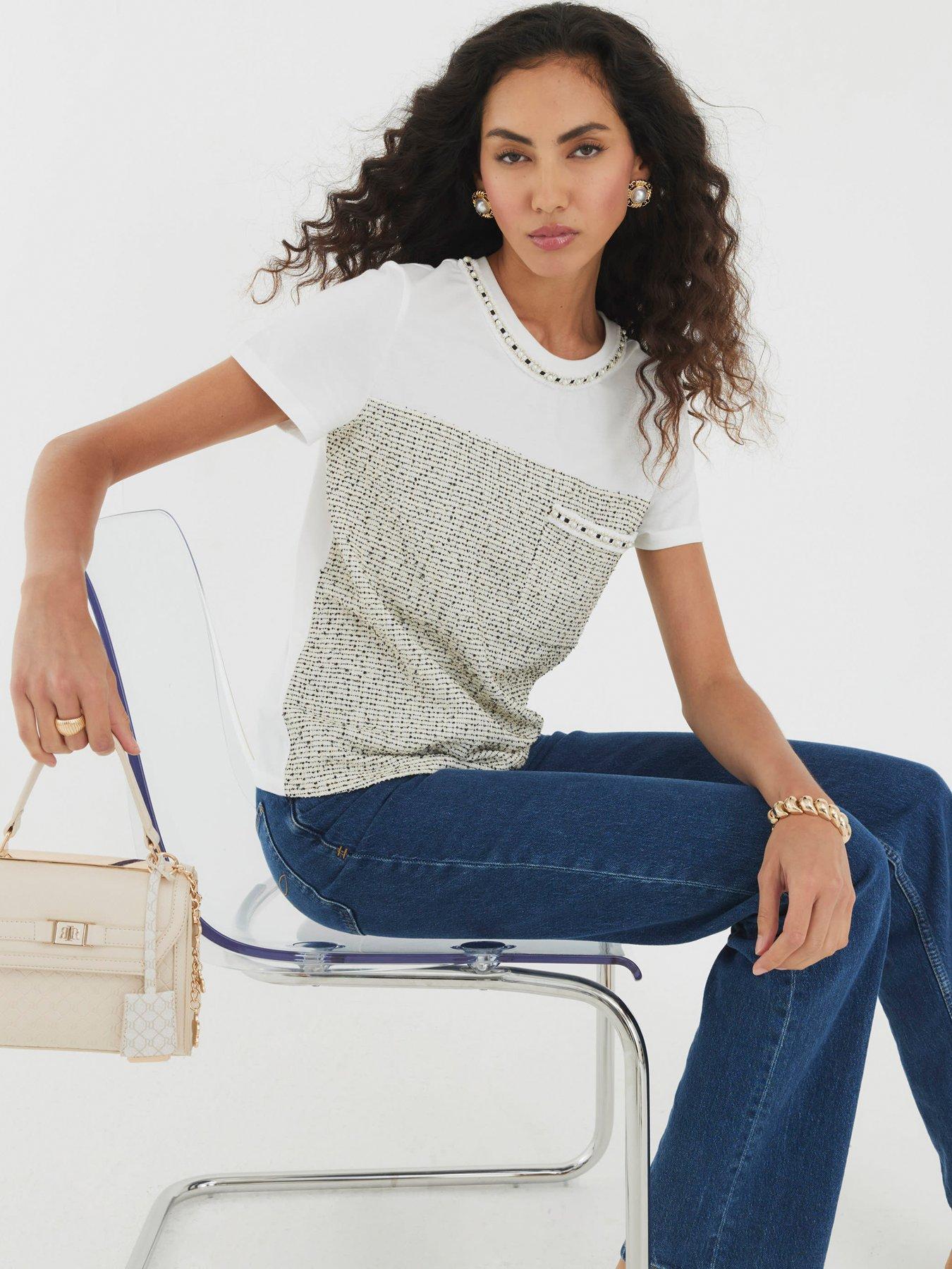 Image 4 of 4 of River Island Short Sleeve Boucle Boutique T-Shirt - White
