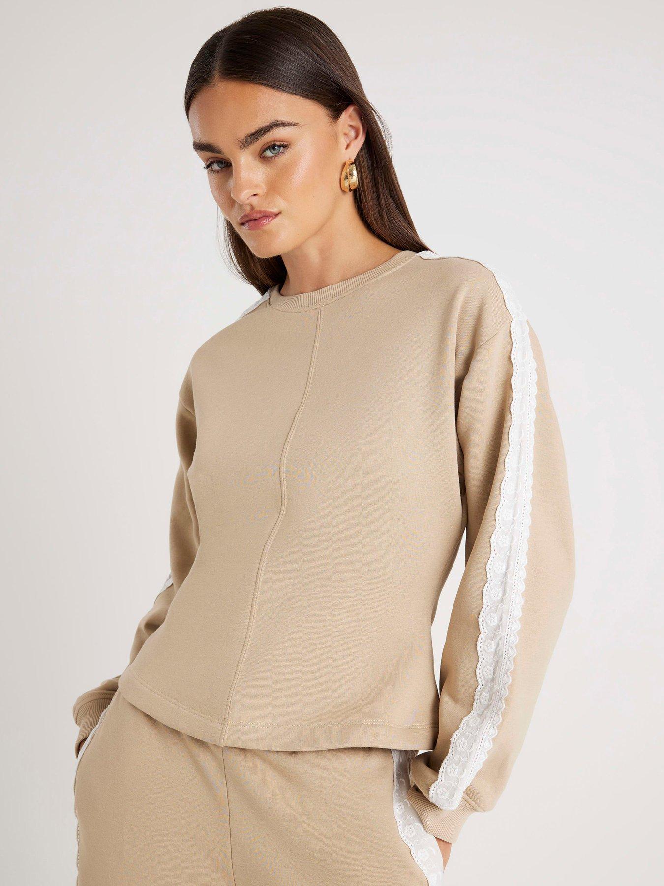 undefined Lace Trim Cinched Waist Sweatshirt - Beige