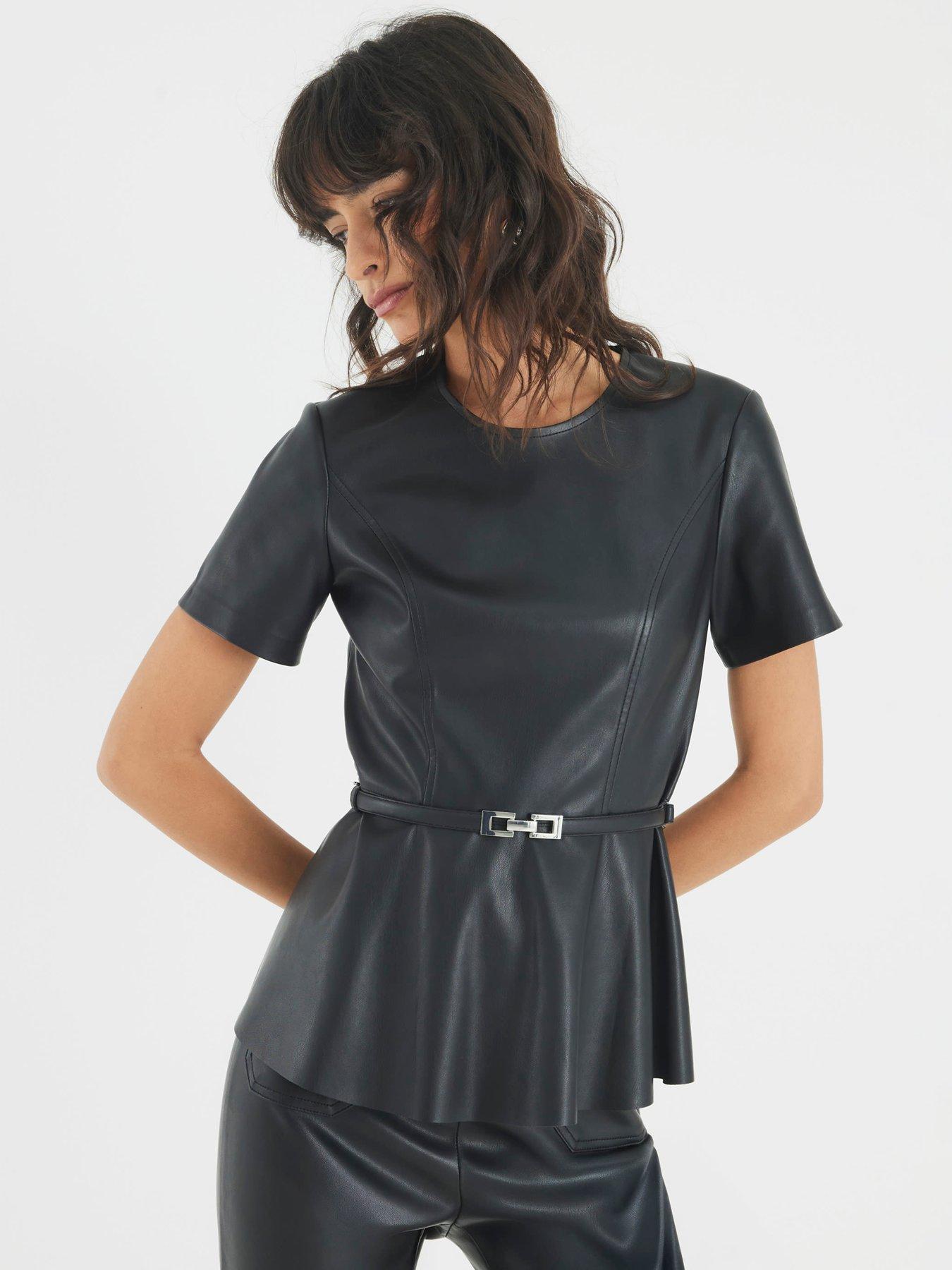 Image 1 of 4 of River Island Belted Pu Peplum Top - Black