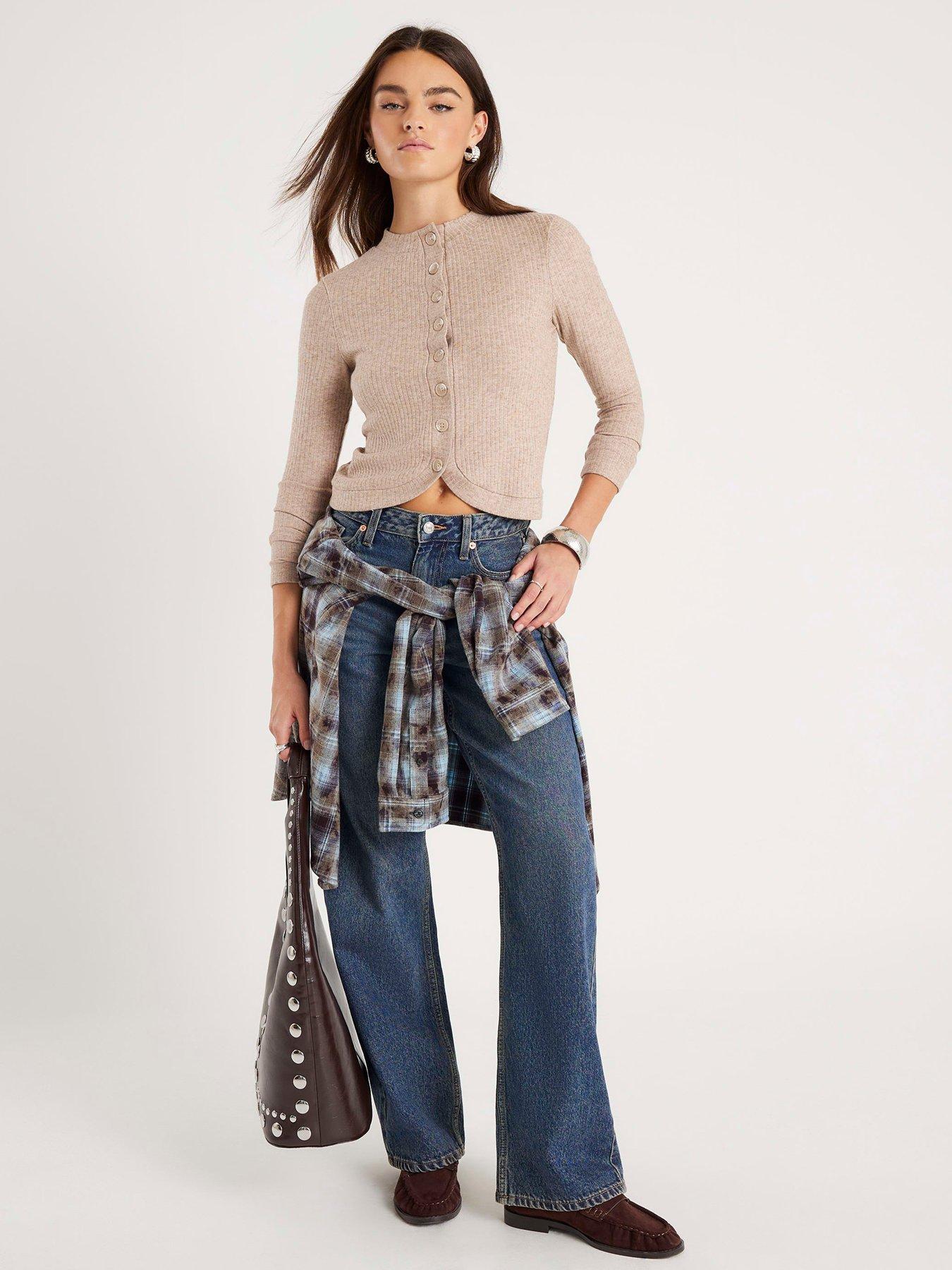  image of river-island-long-sleeve-curved-hem-cardi-beige