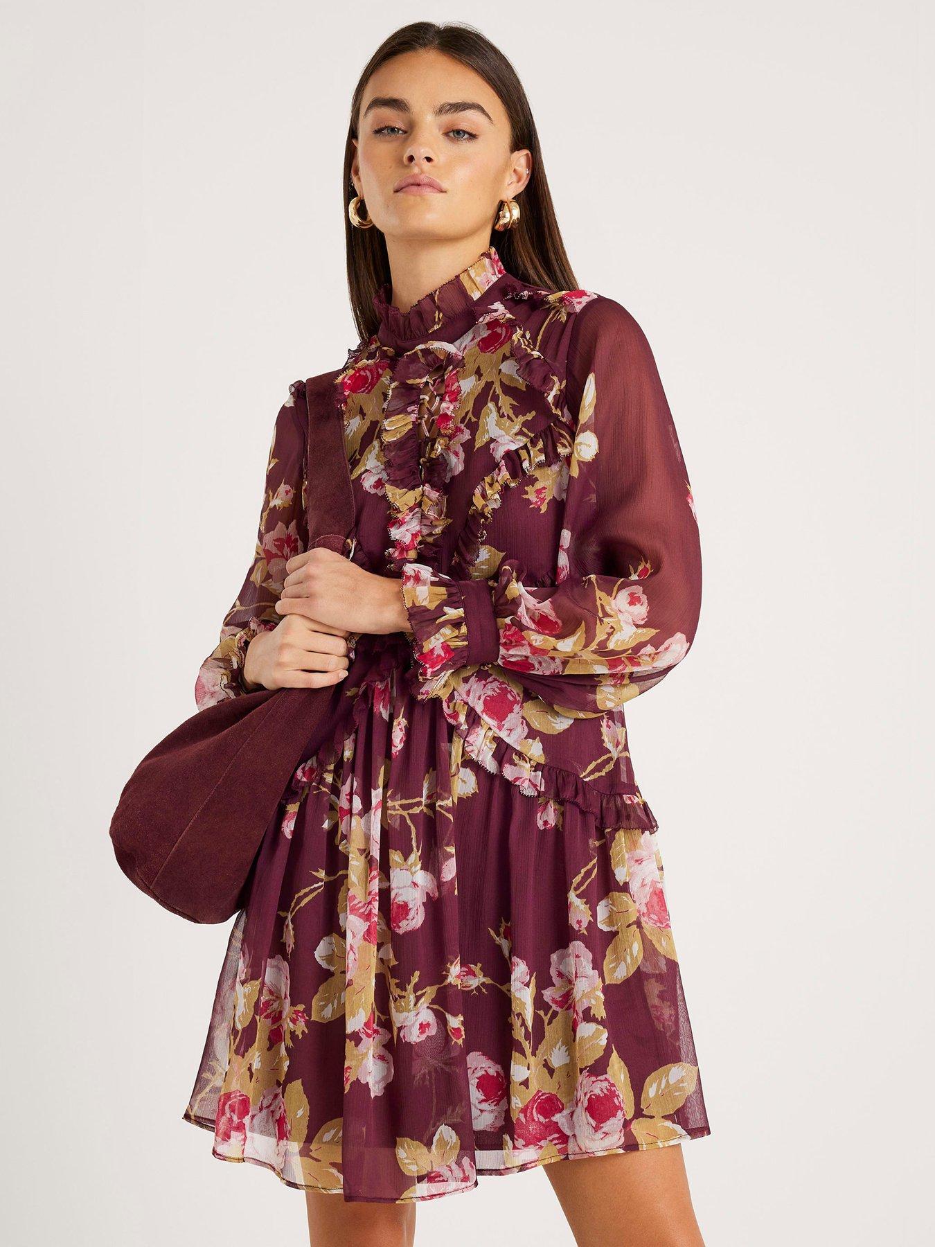 River Island Long Sleeve Floral Chiffon Ruffle Dress - Red