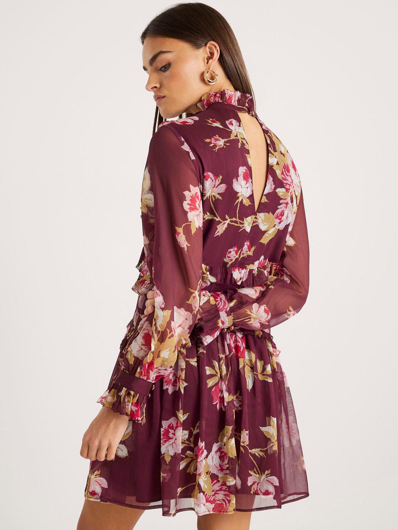 stillFront image of river-island-long-sleeve-floral-chiffon-ruffle-dress-red