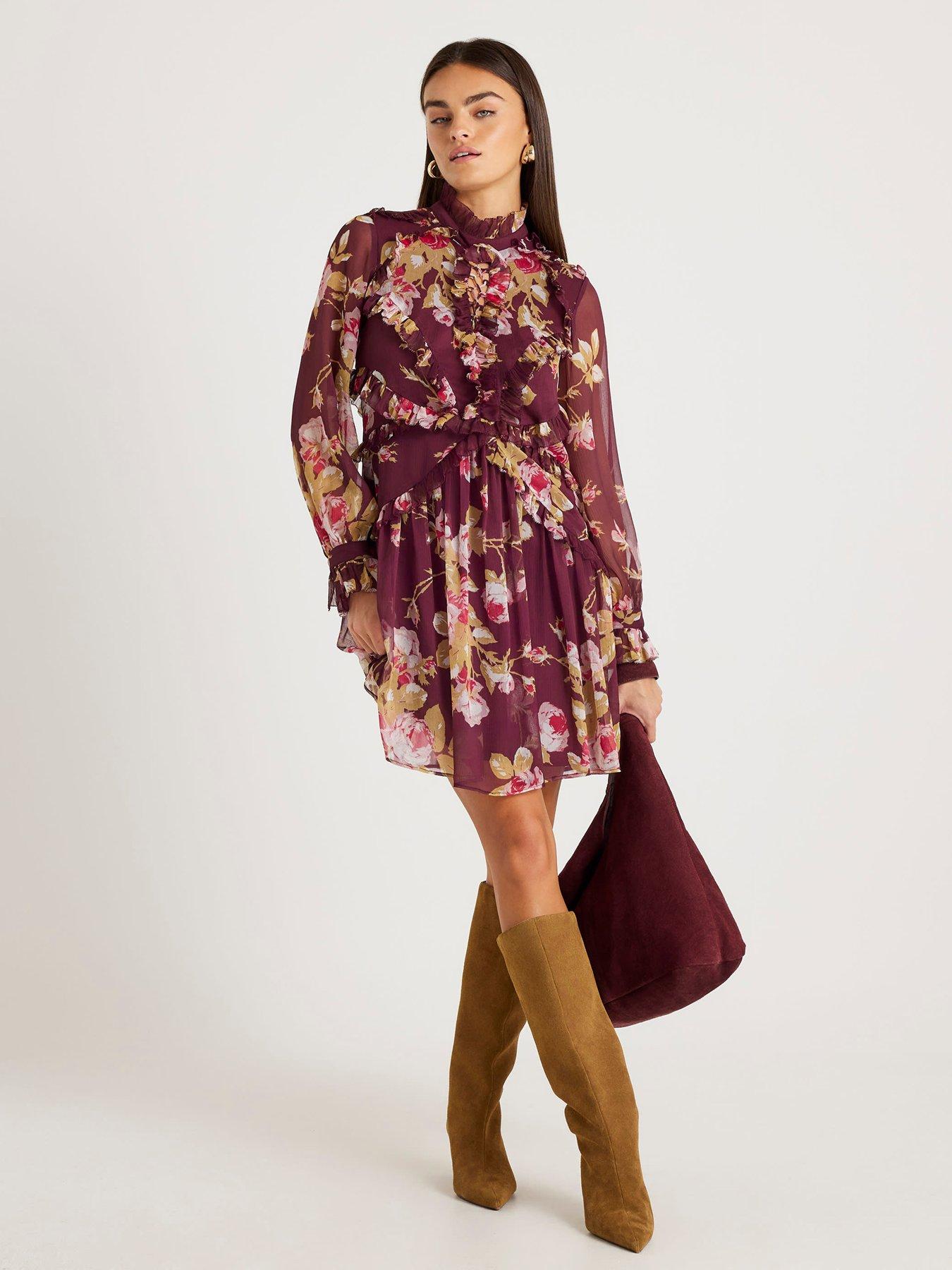  image of river-island-long-sleeve-floral-chiffon-ruffle-dress-red