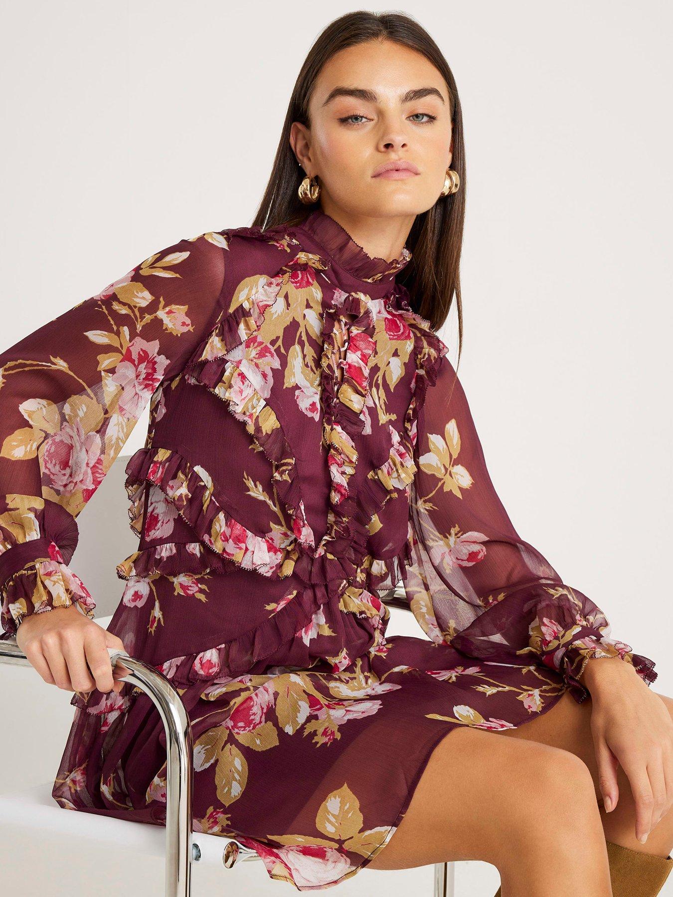  image of river-island-long-sleeve-floral-chiffon-ruffle-dress-red