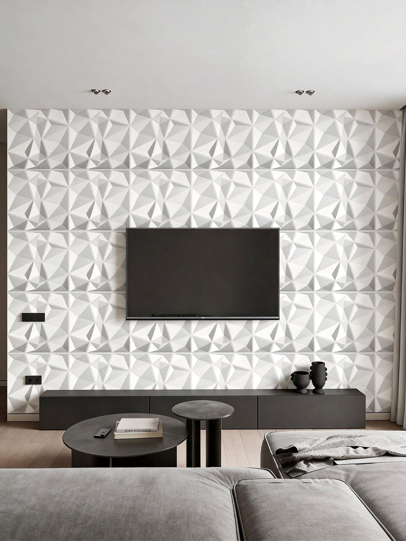 Image 1 of 6 of Living and Home 12Pcs White 3D Diamond Square PVC Wall Panels 50cm 50cm