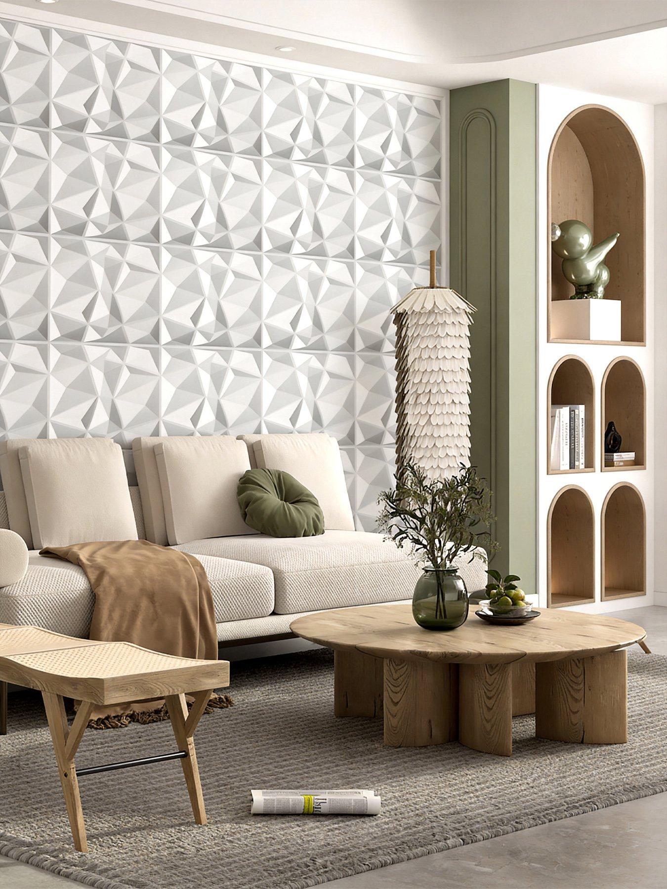 Image 5 of 6 of Living and Home 12Pcs White 3D Diamond Square PVC Wall Panels 50cm 50cm