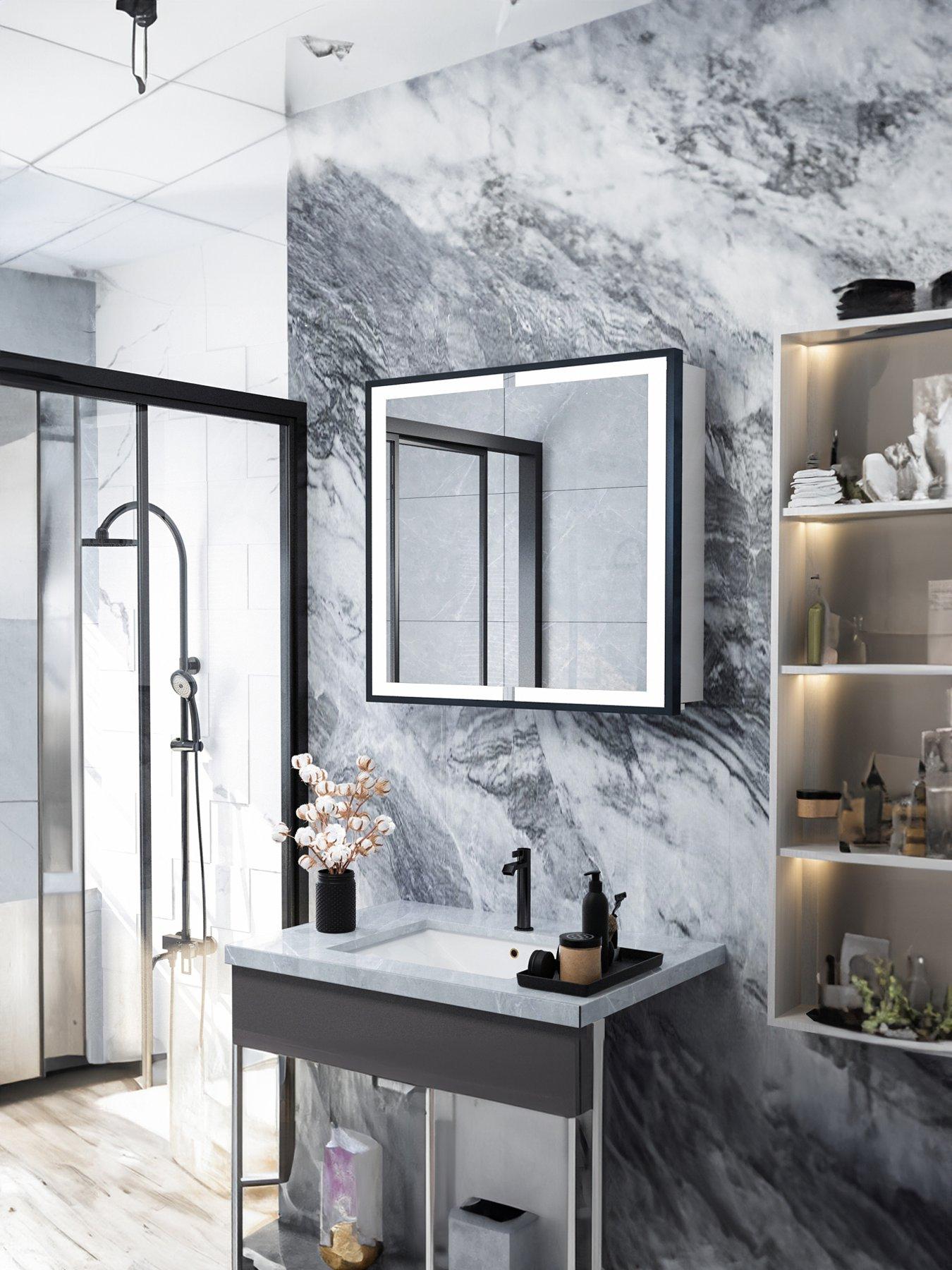 Image 1 of 7 of Living and Home Double Door Anti Fog Led Illuminated Mirrored Bathroom Cabinet With Shaver Socket&amp;bluetooth Speaker W 650 X H 600 Mm