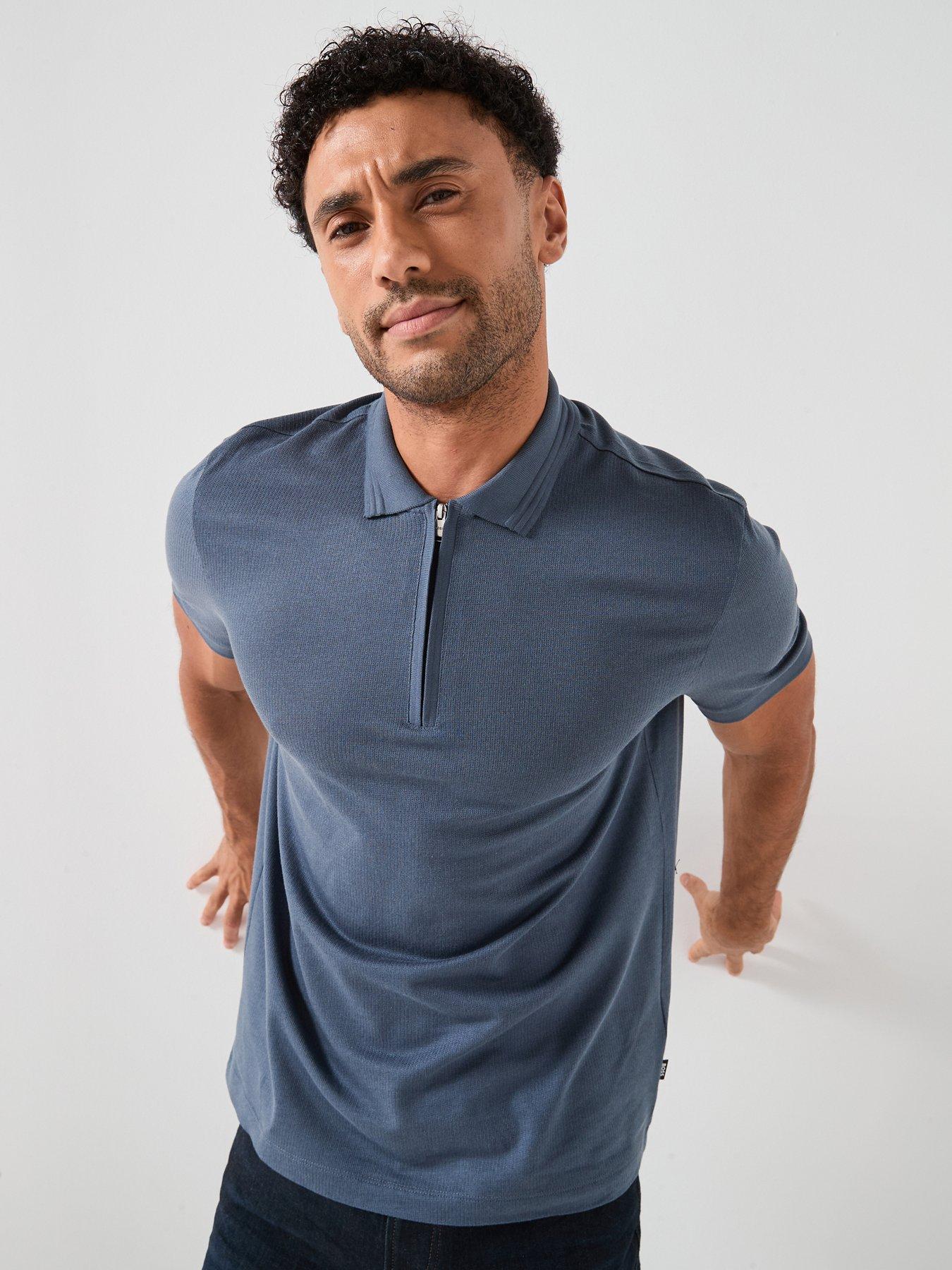 BOSS Cotton Blend Zip Collar Polo Shirt - Blue