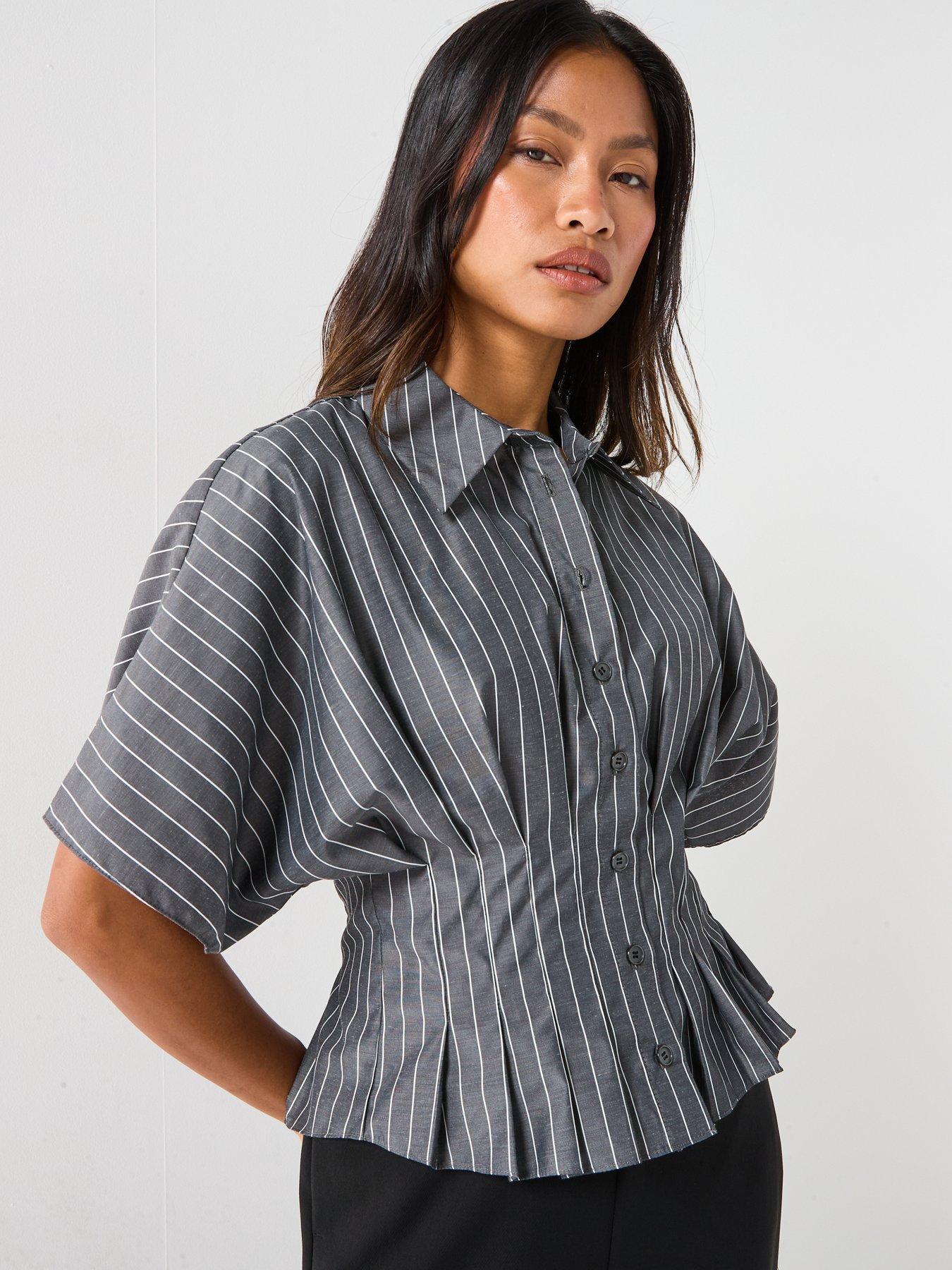 Image 1 of 4 of V by Very Pinstripe Pleated Detail Cinched Waist Shirt - Grey