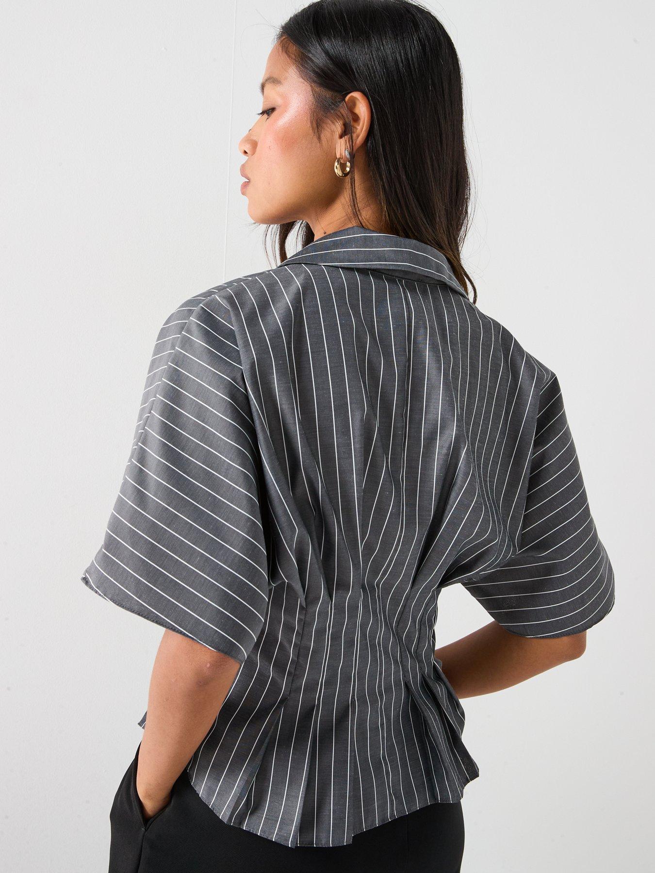Image 2 of 4 of V by Very Pinstripe Pleated Detail Cinched Waist Shirt - Grey