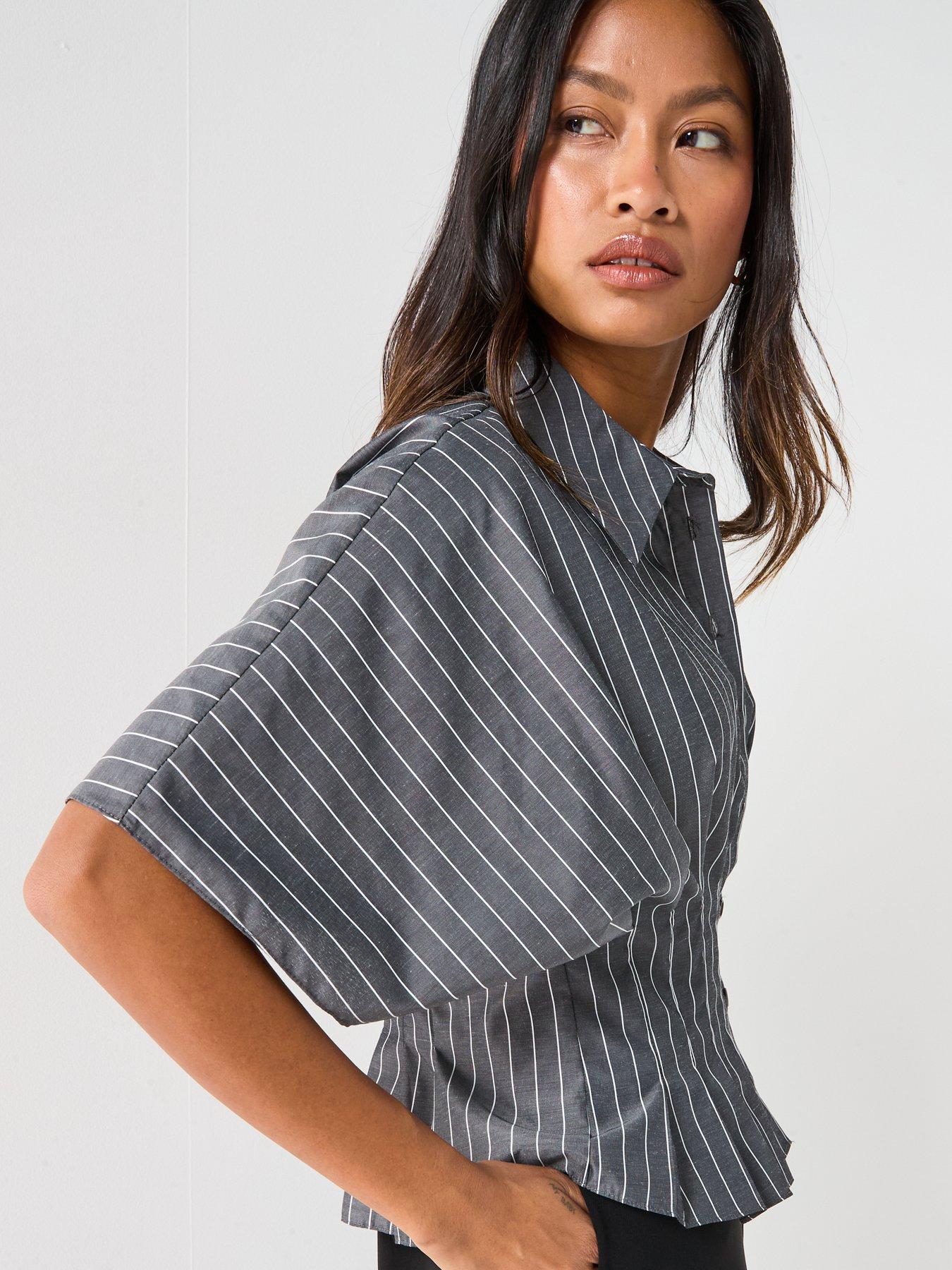 Image 4 of 4 of V by Very Pinstripe Pleated Detail Cinched Waist Shirt - Grey