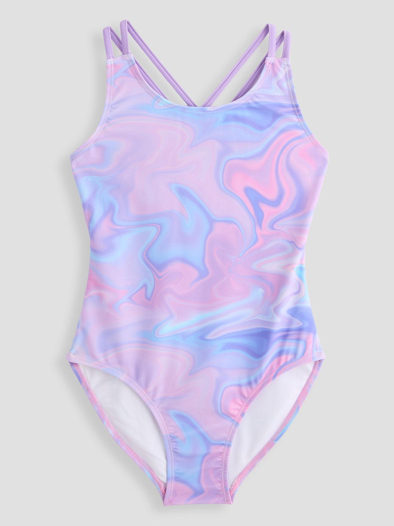The Very Collection Girls Cross Back Marble Print Swimsuit