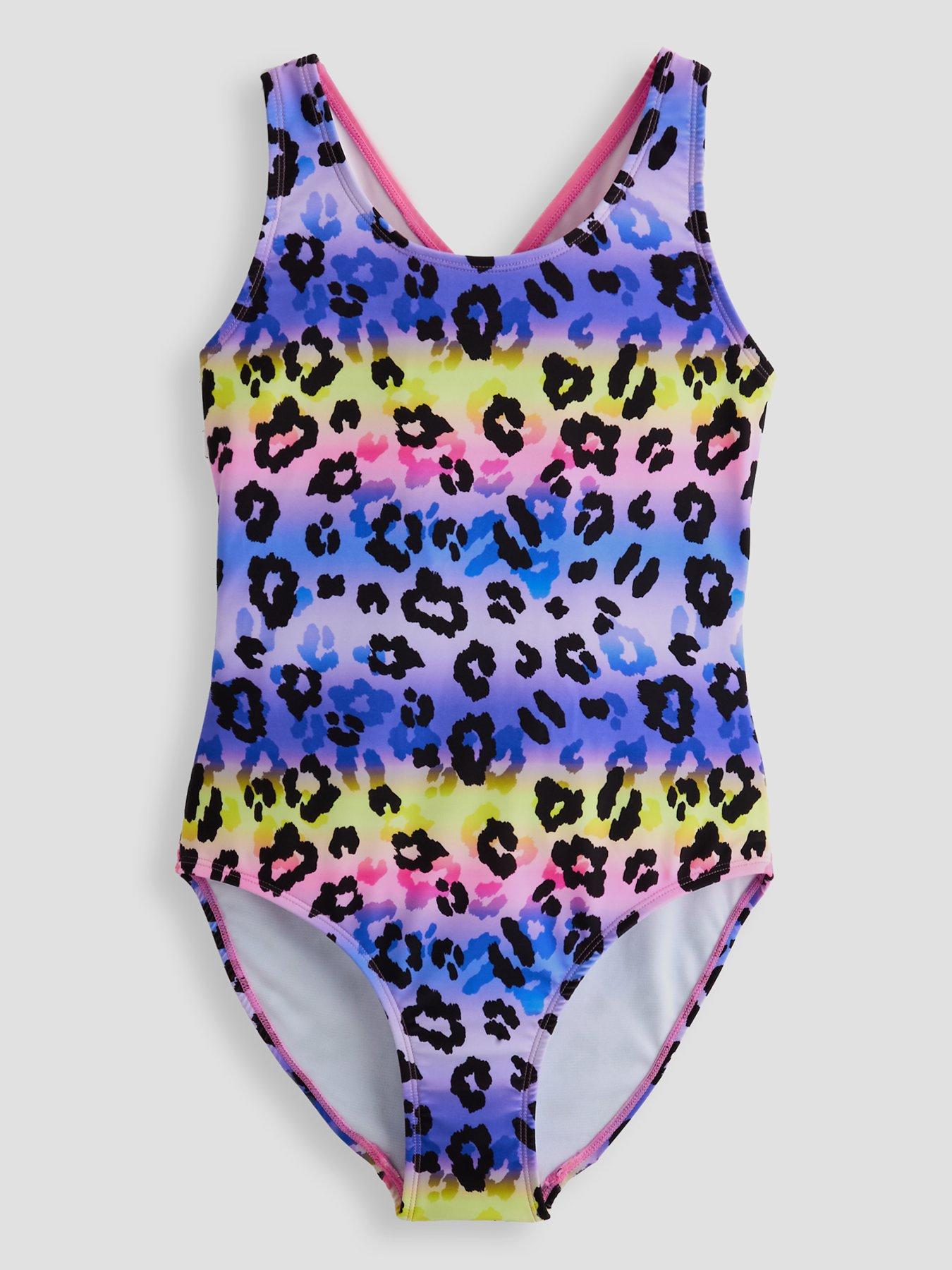 The Very Collection Girls Cross Back Leopard Multi Print Swimsuit