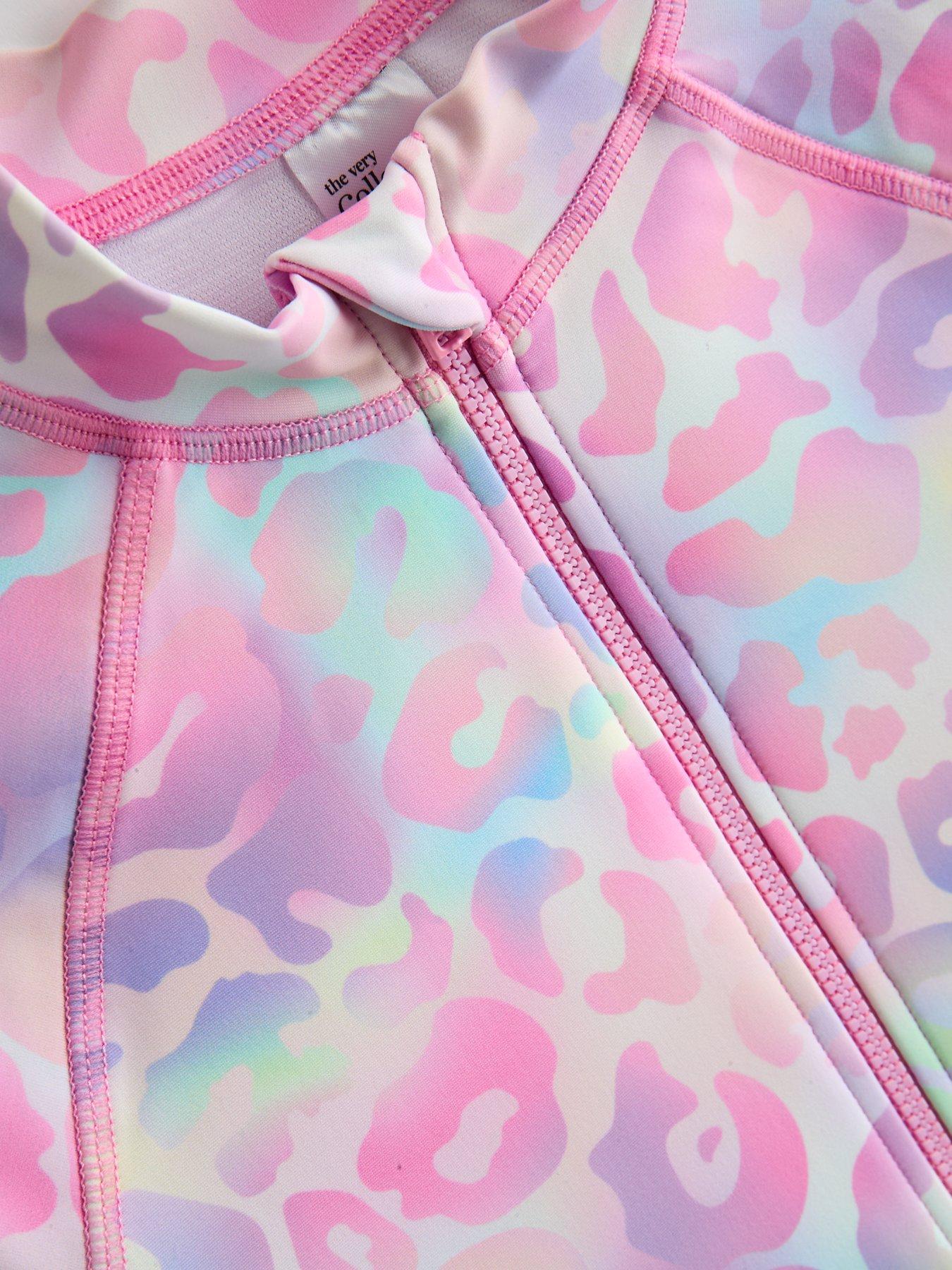 Image 3 of 4 of The Very Collection Girls Pastel Leopard Zip Up Long Sleeve Swim - Pink