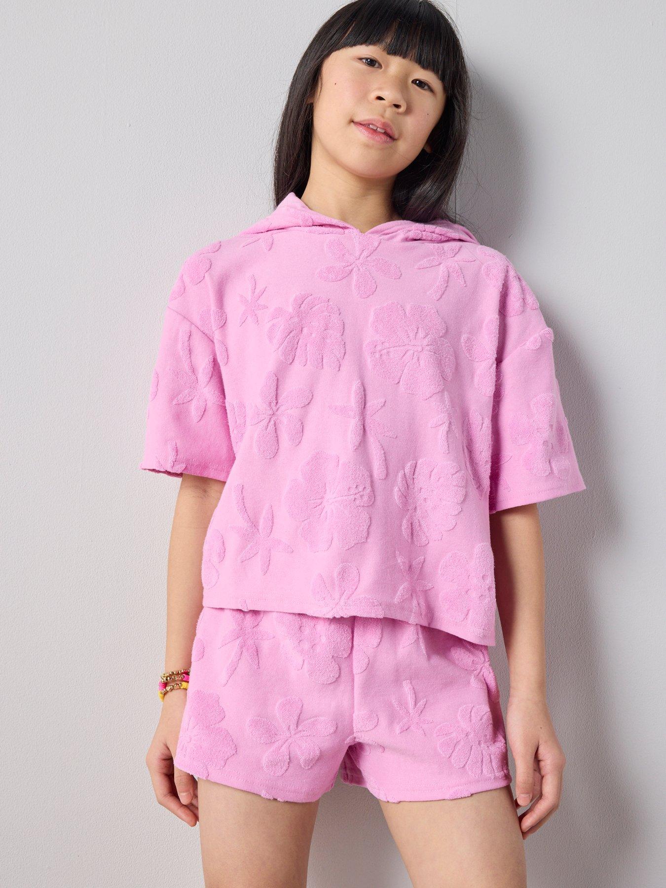 The Very Collection Girls Towelling Top With Hood And Short Set - Pink