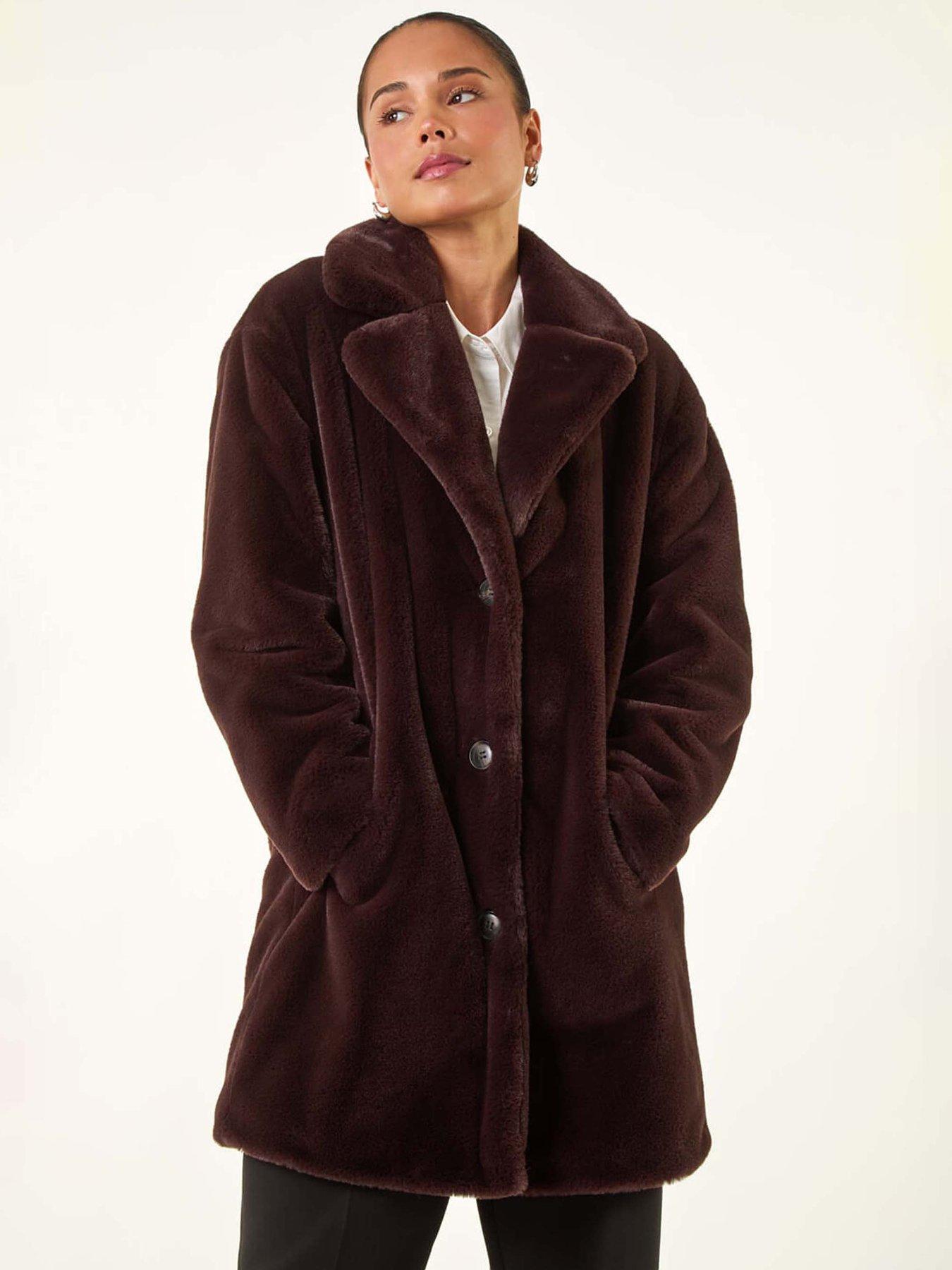undefined Petite Longline Fur Coat - Chocolate