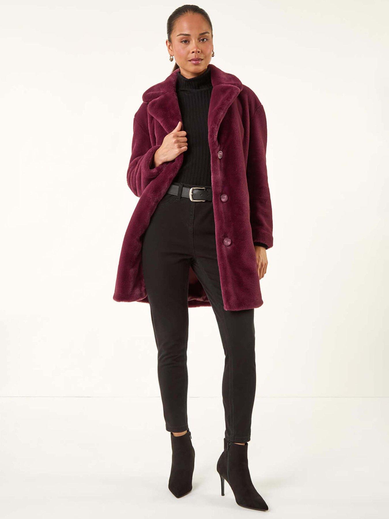 undefined Petite Longline Fur Coat - Wine