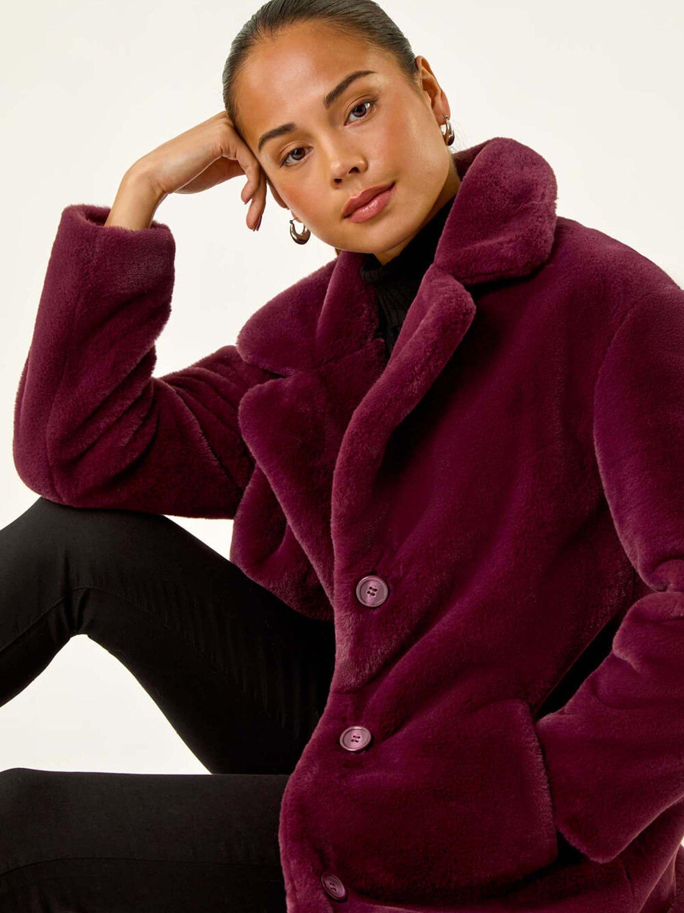 Image 4 of 5 of Roman Petite Longline Fur Coat - Wine