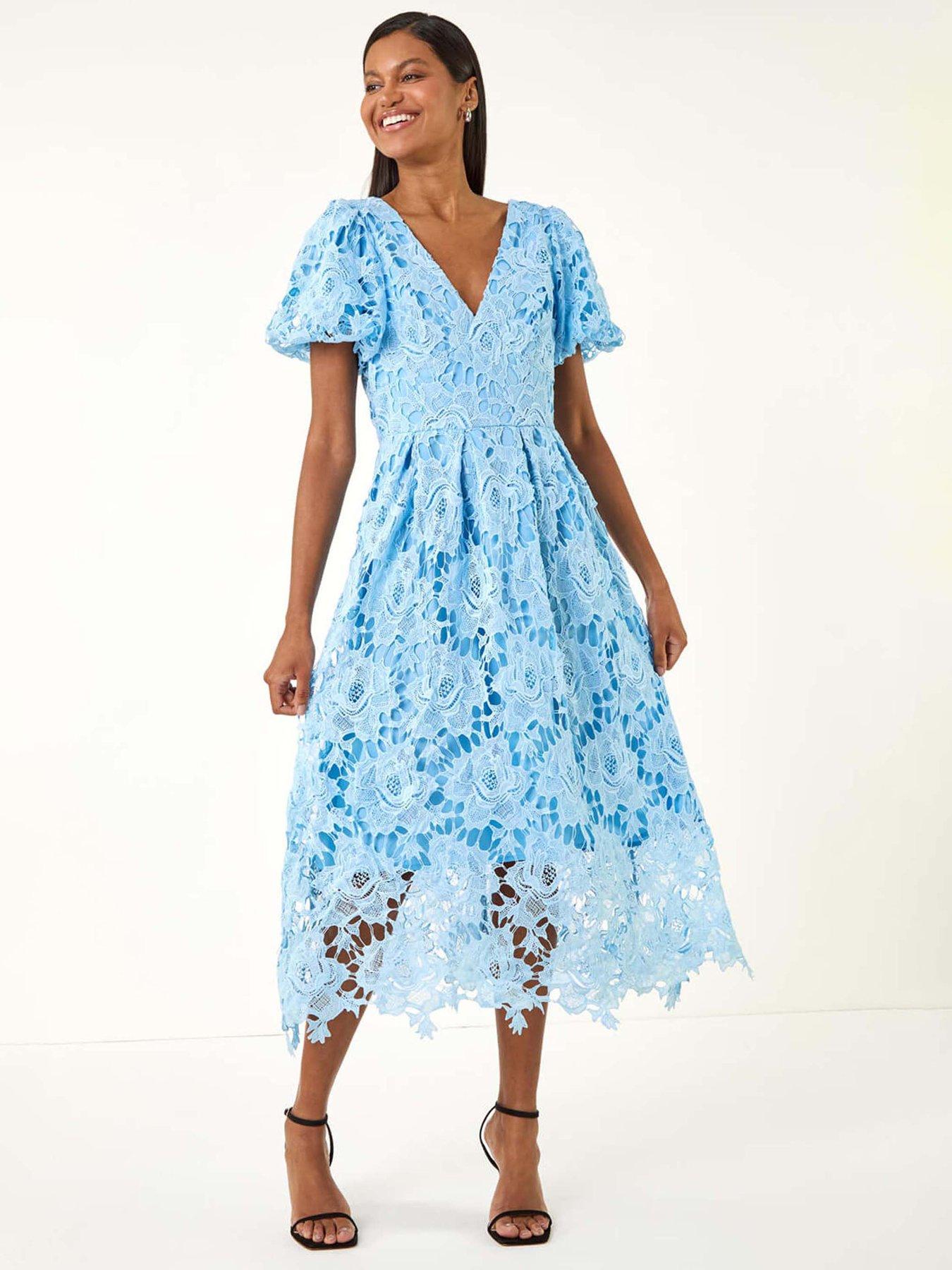 undefined Premium Crochet Lace Midi Dress - Blue