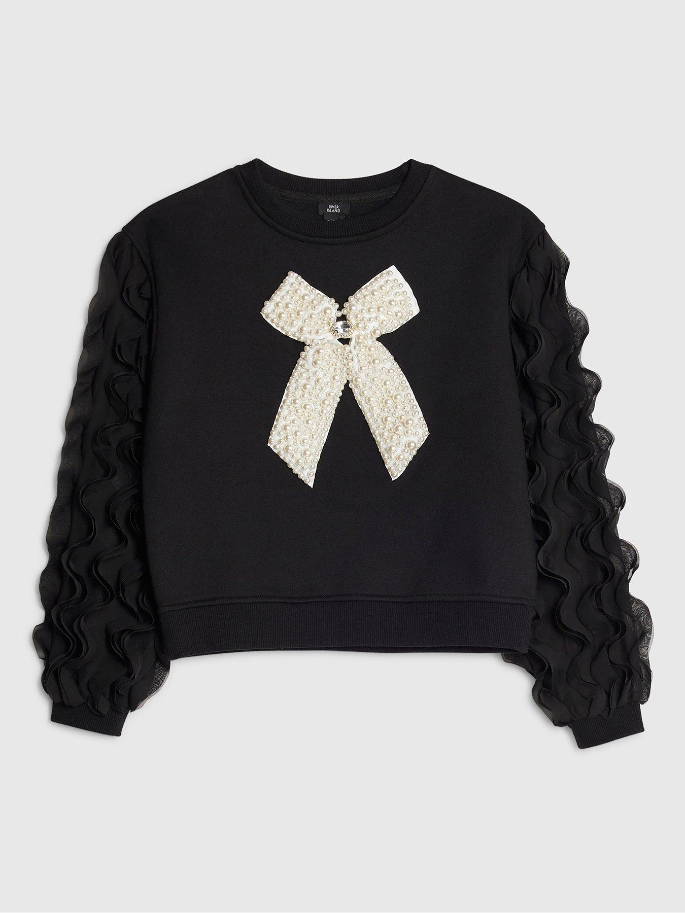 Image 1 of 4 of River Island Older Girls Pearl Bow Sweatshirt - Black