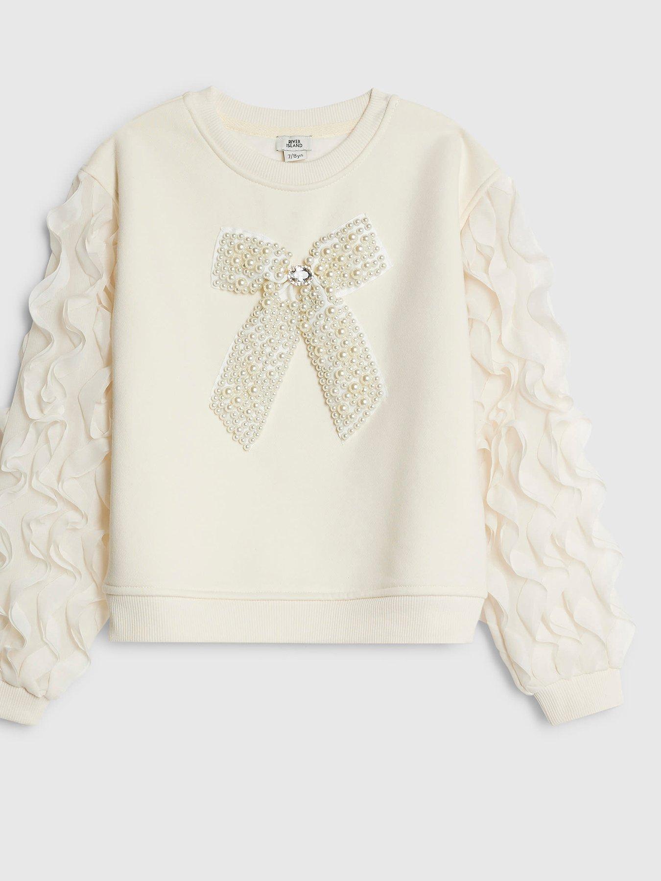 front image of river-island-older-girls-bow-ruffle-sleeve-sweatshirt-cream