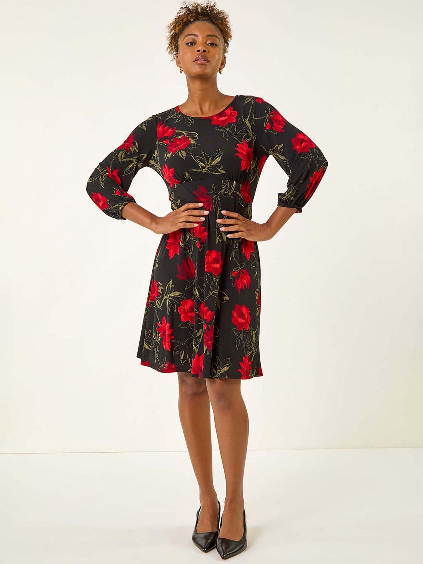  image of roman-floral-print-stretch-dress-red