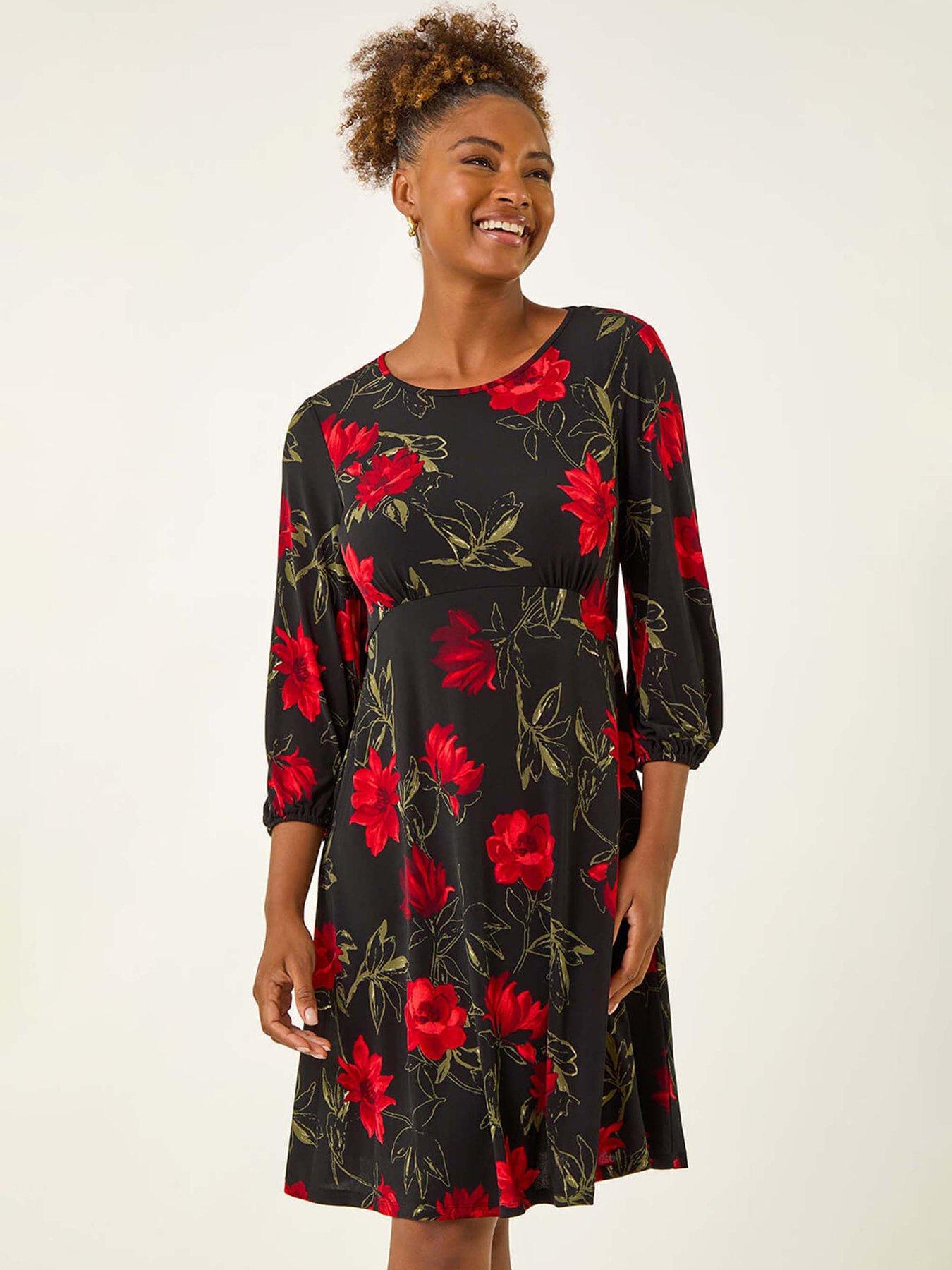  image of roman-floral-print-stretch-dress-red