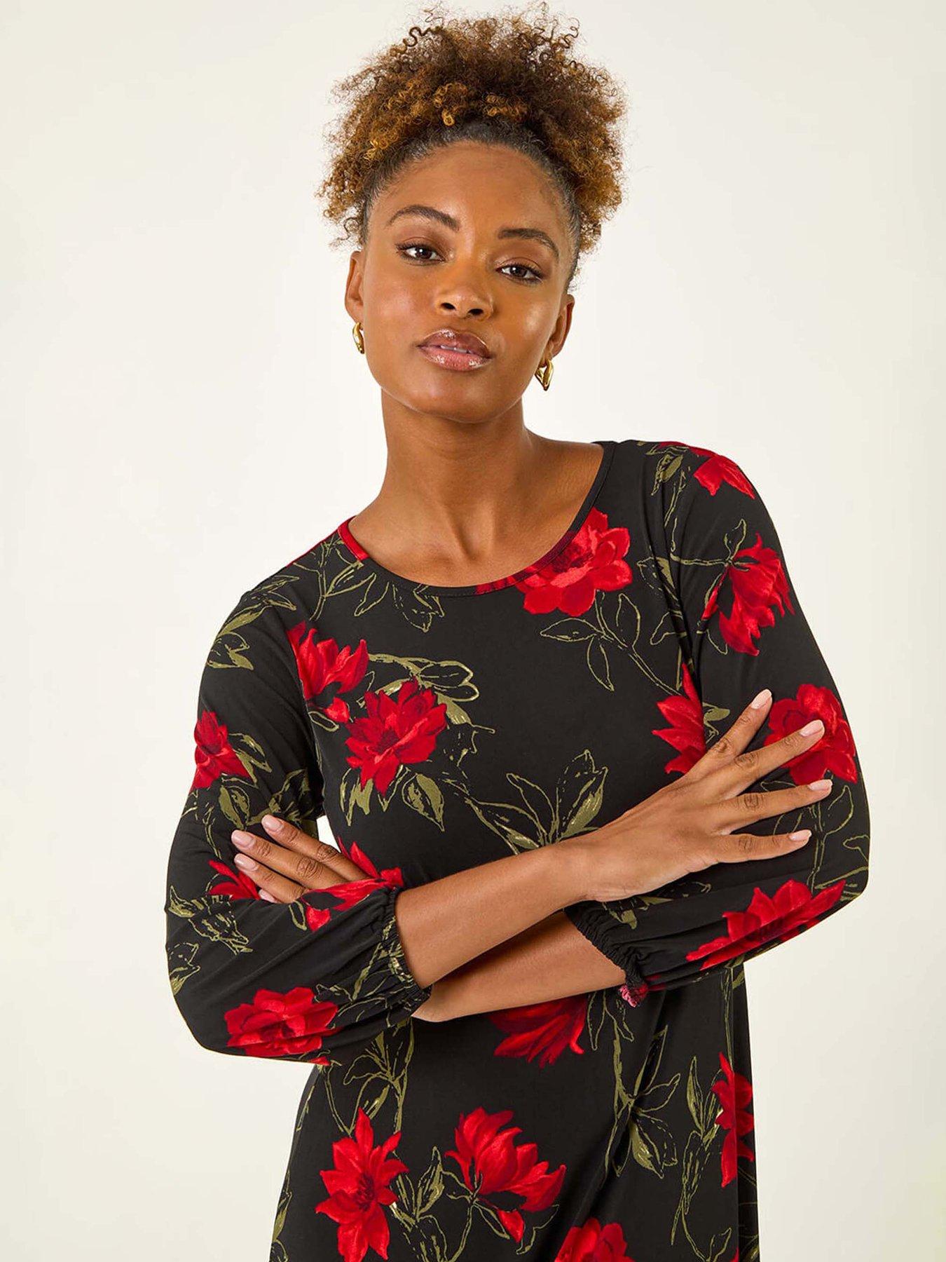  image of roman-floral-print-stretch-dress-red