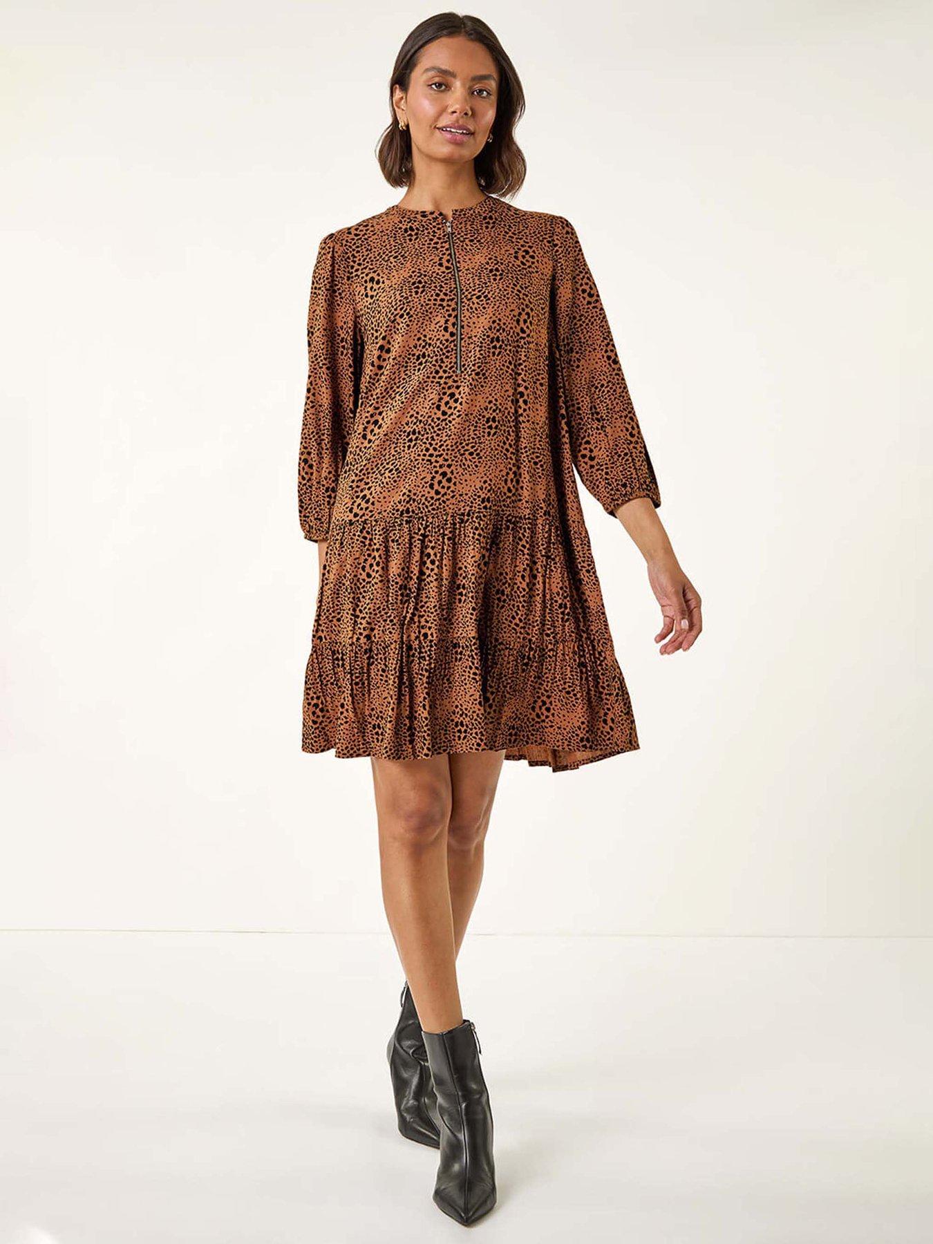 Roman Spot Print Zip Front Dress - Tan