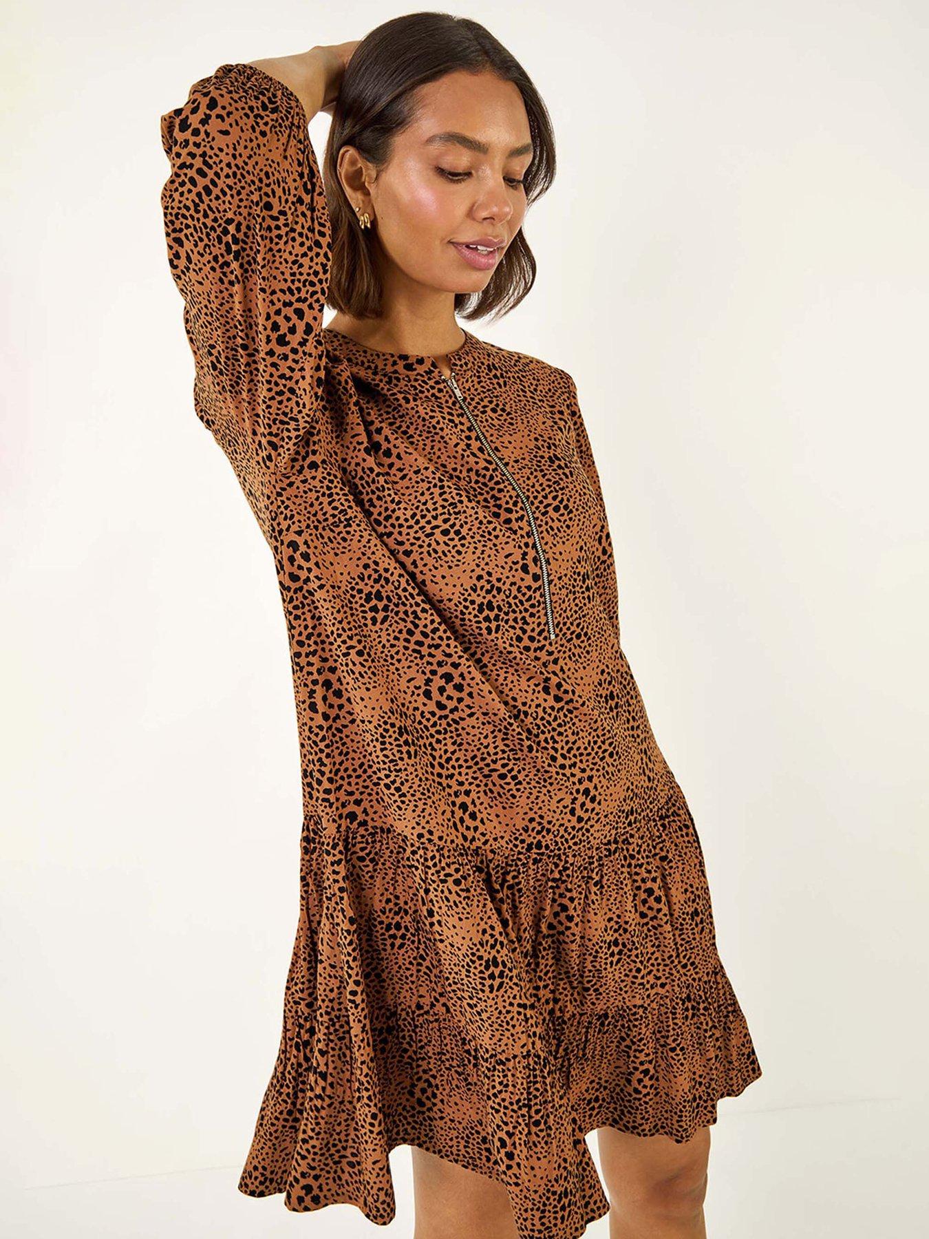  image of roman-spot-print-zip-front-dress-tan